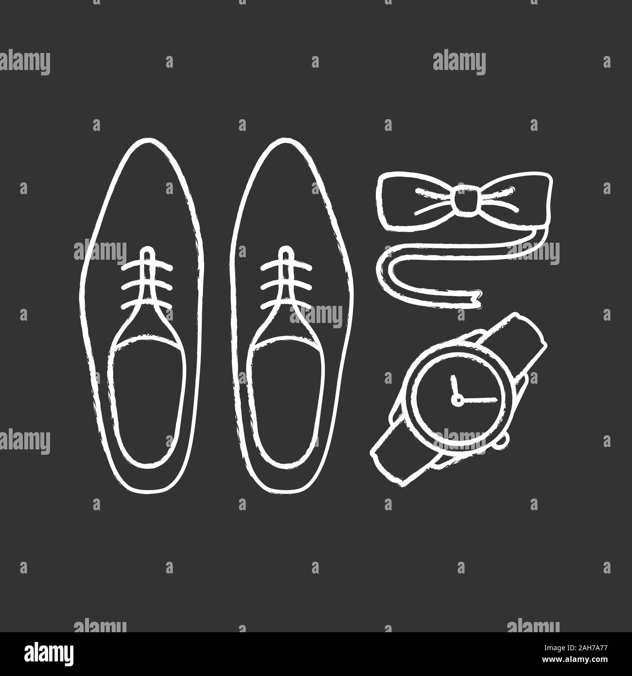 Mens accessories chalk icon. Dress code. Menswear. Men’s style and fashion. Shoes, wristwatch and tuxedo bow tie. Isolated vector chalkboard illustrat Stock Vector