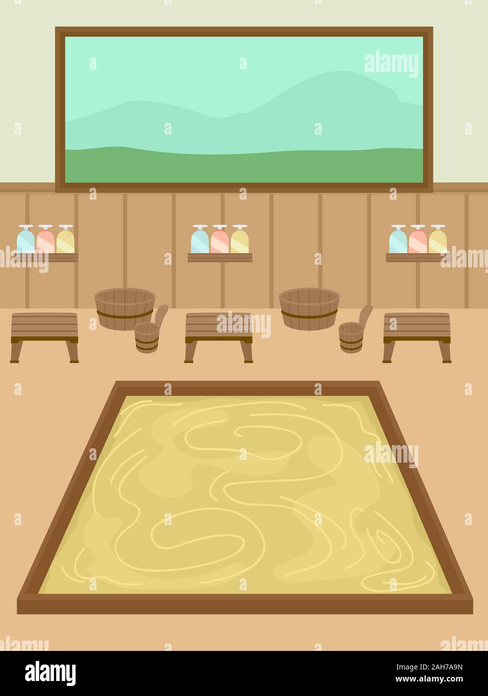 Illustration of an Indoor Onsen Bathhouse with Wooden Stools, Buckets