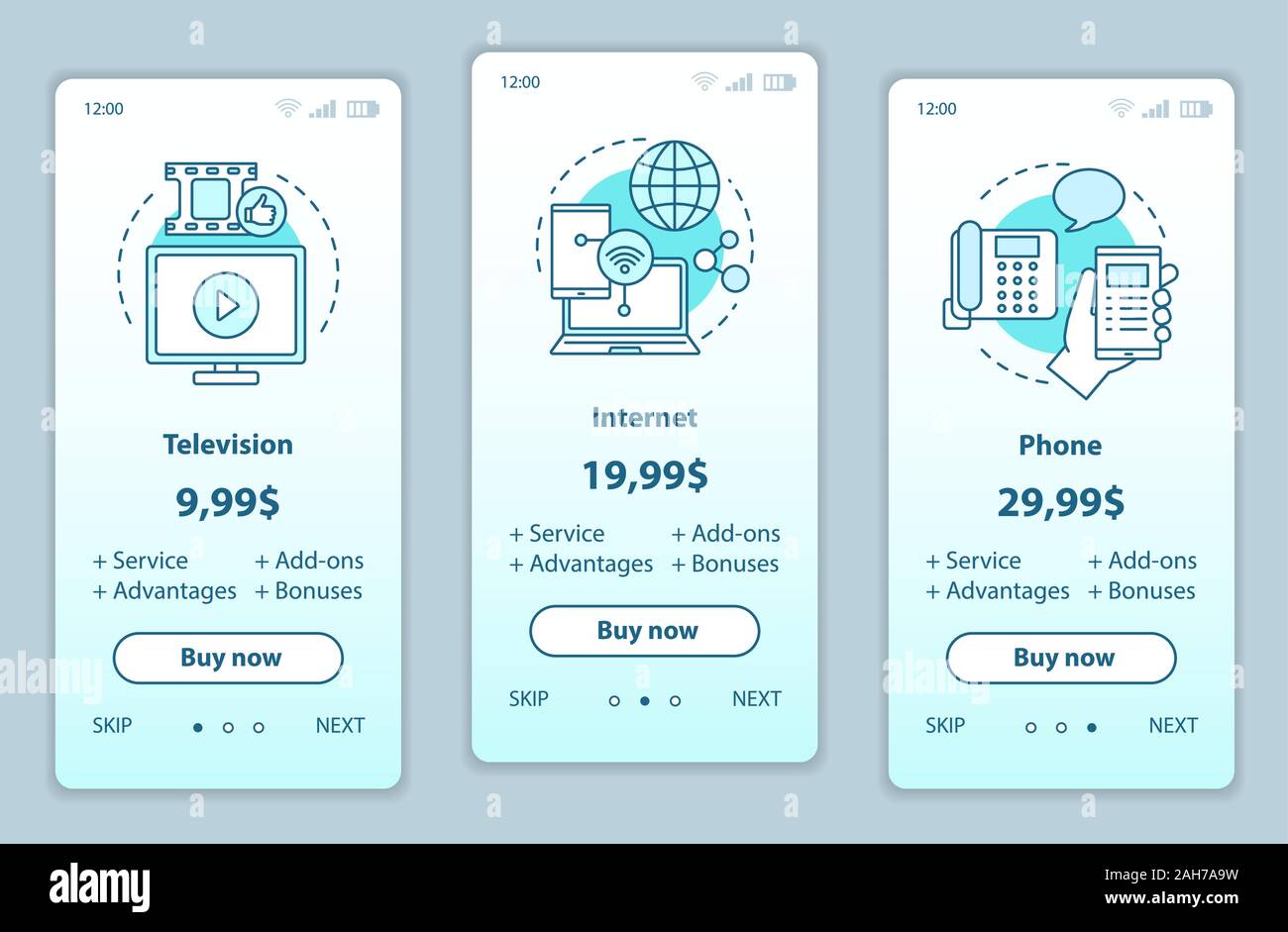 TV, phone, bundle onboarding mobile app screens with service