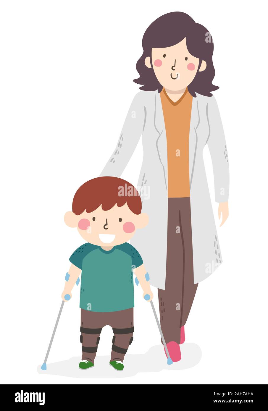 Illustration of a Kid Boy Walking with Leg Brace and Cane with the Help of a Therapist Stock Photo