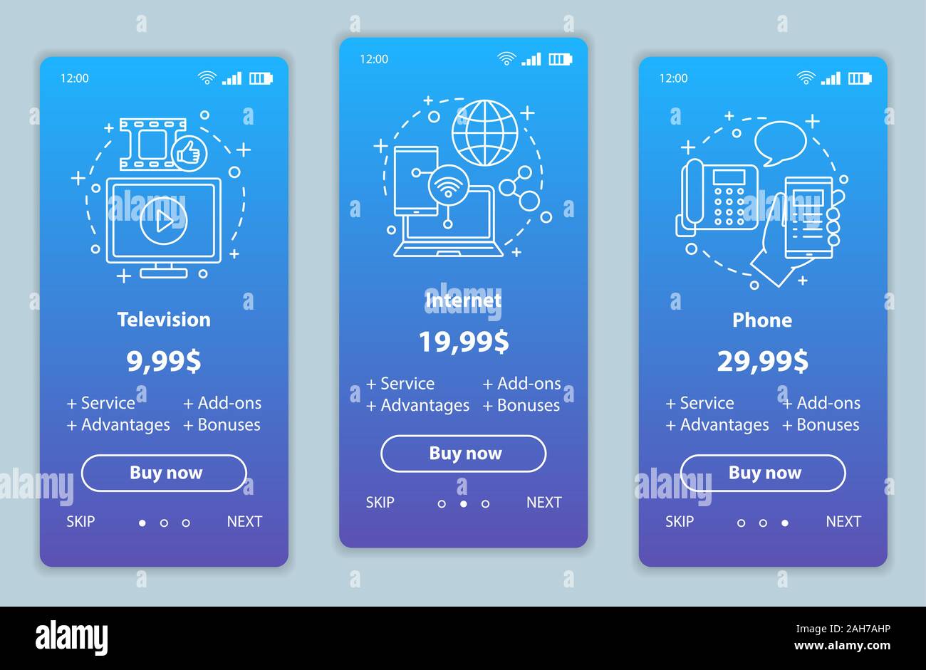 TV phone internet bundle onboarding mobile app screens with