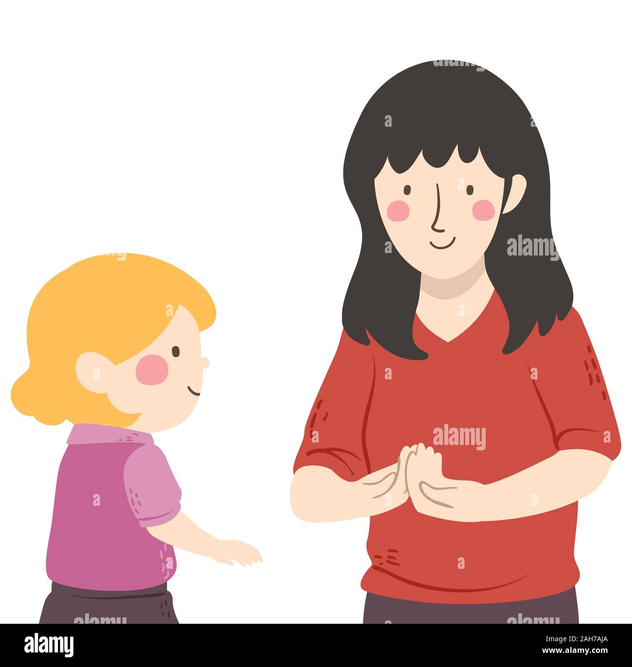 Illustration of a Girl Teacher Gesturing How in How Are You to a Kid Girl. Sign Language Stock Photo