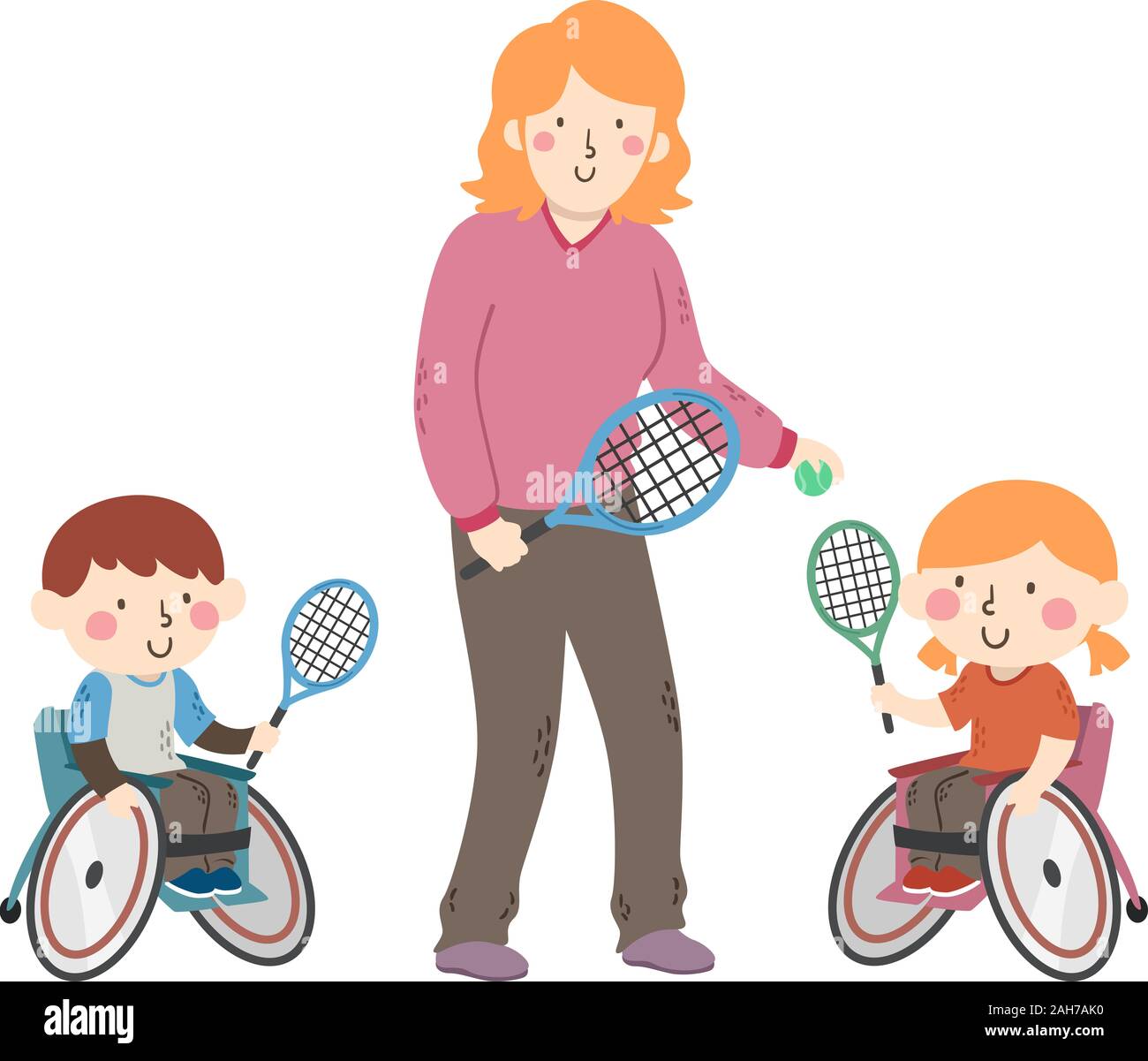 Illustration of Kids in Wheelchair Playing Tennis with Coach Stock Photo