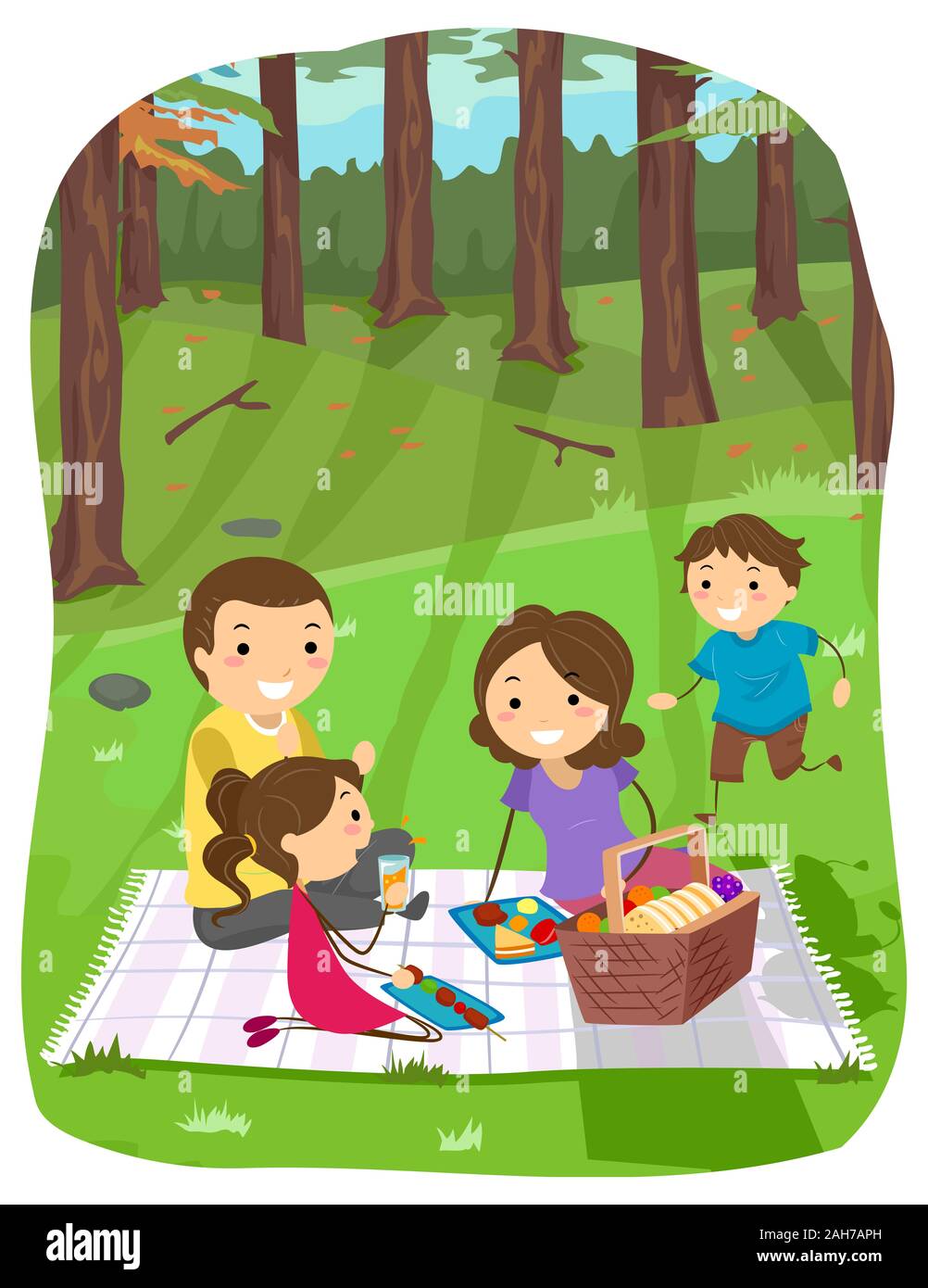 Illustration of Stickman Family Eating and Having a Picnic in the Woods