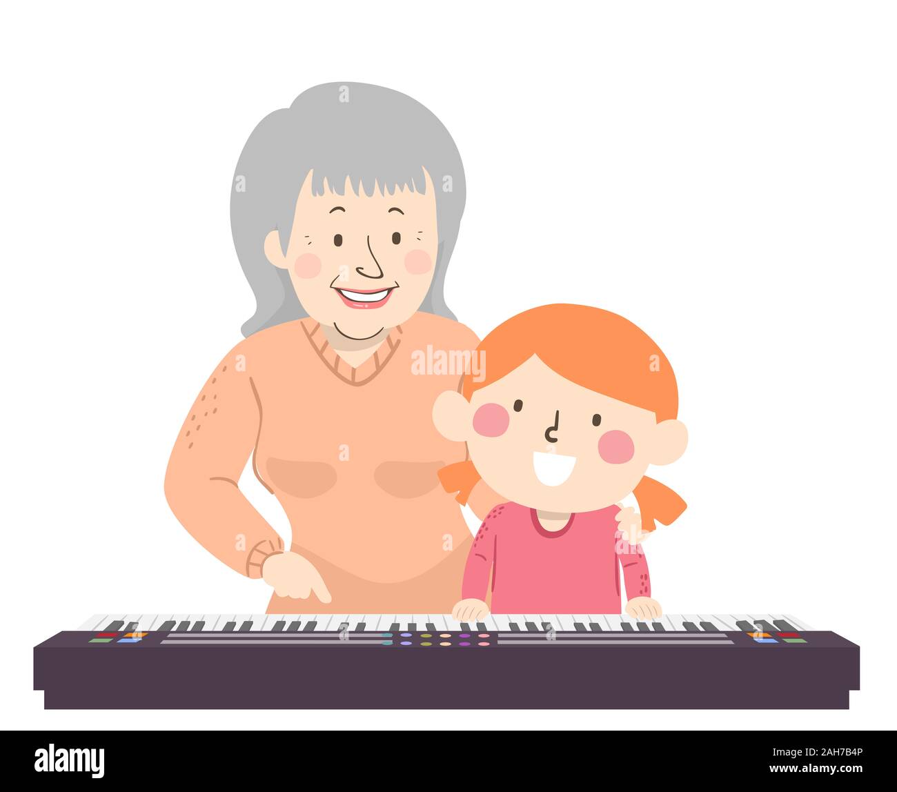 Illustration of a Senior Grandmother or Woman Playing the Keyboard with a  Kid Girl Stock Photo - Alamy