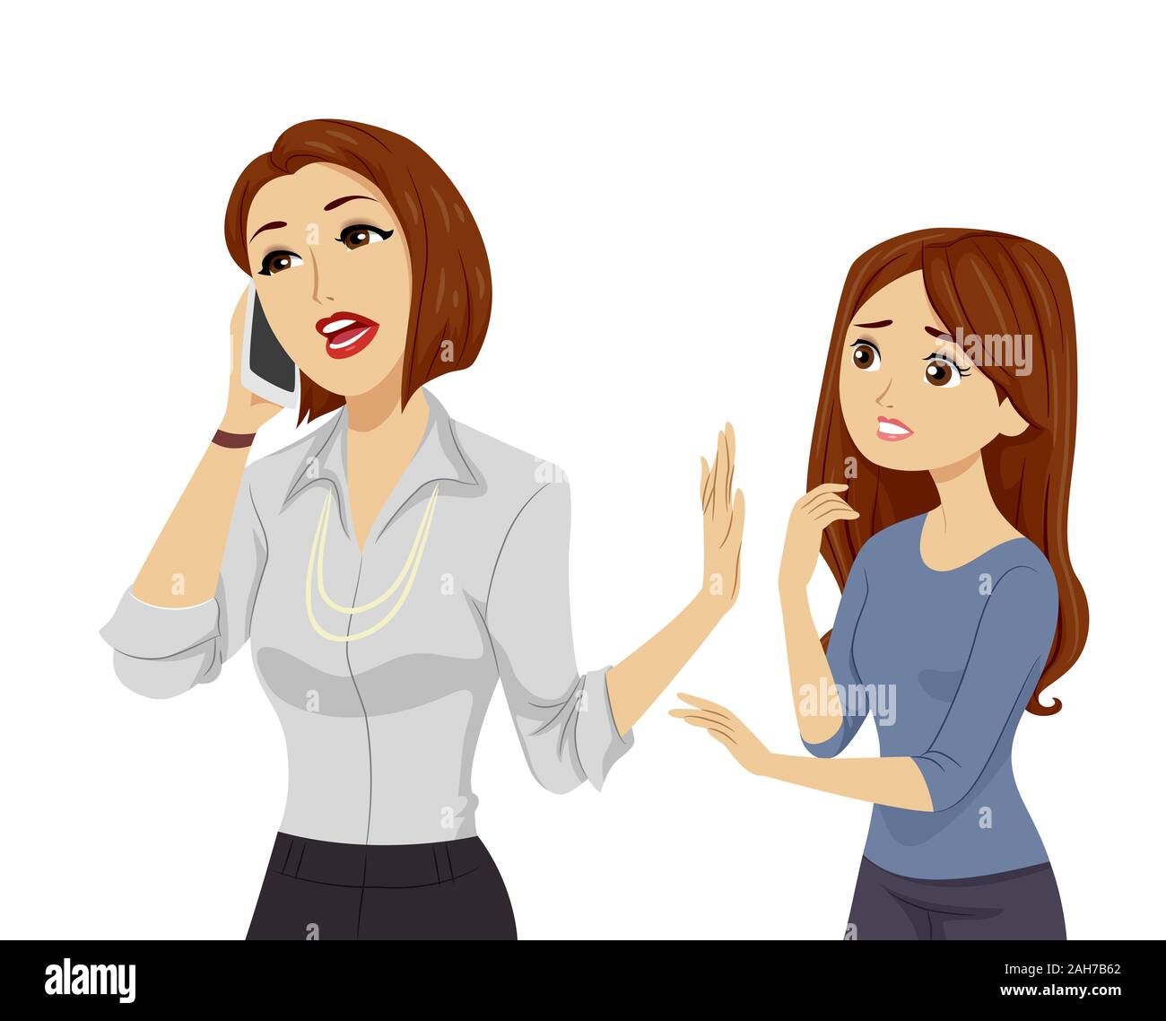 Illustration of a Teenage Girl Talking to Her Busy Mom Not Listening and Talking on Mobile Phone Working Stock Photo