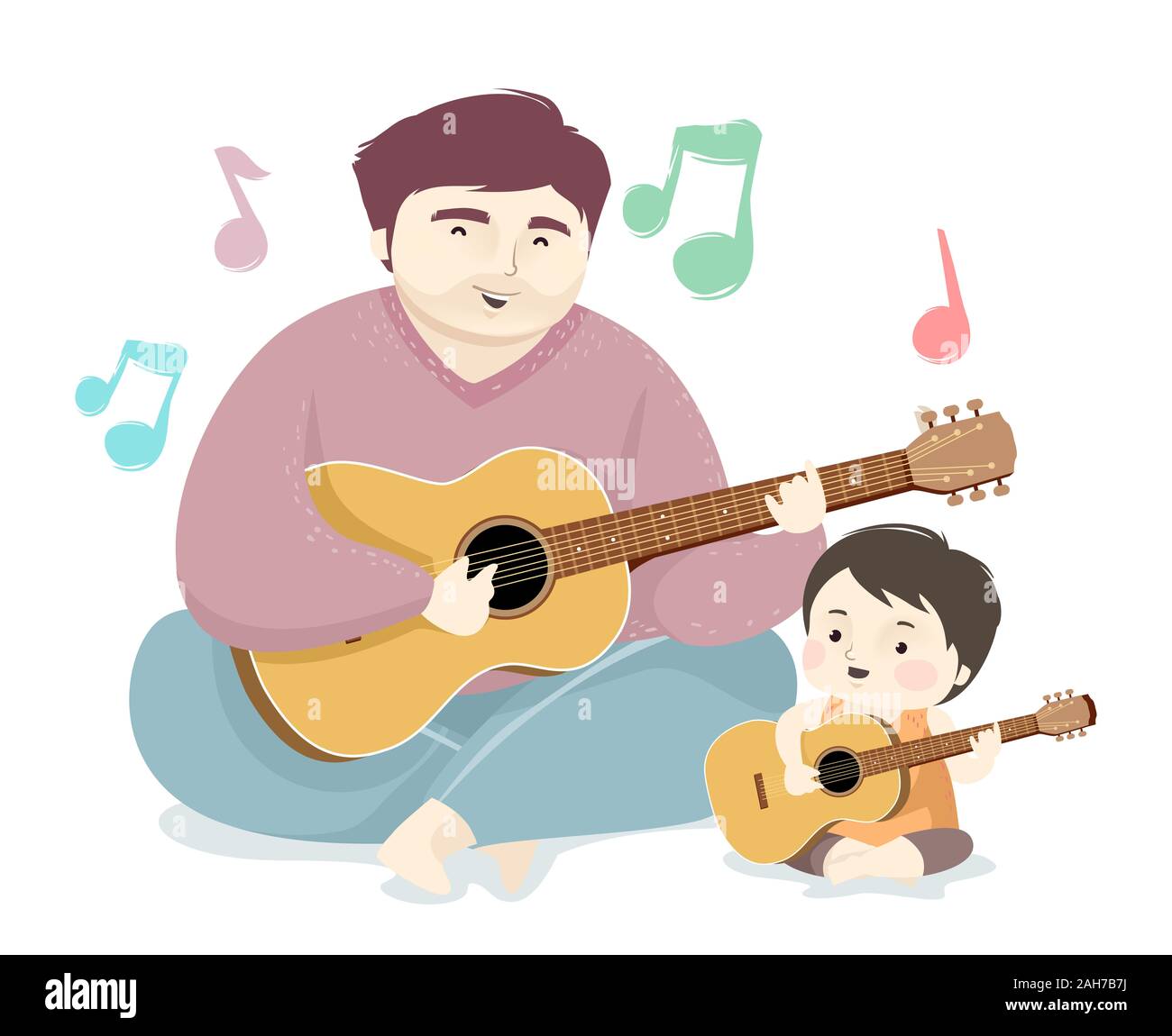 Illustration of a Kid Boy Playing the Guitar and Singing a Song with His Father Stock Photo