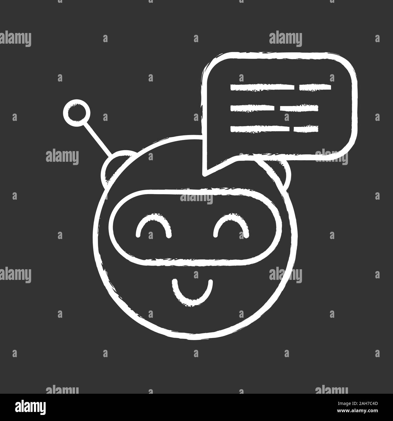 Chatbot message chalk icon. Talkbot. Circle head laughing chat bot. Modern robot. Virtual assistant. Conversational agent. Isolated vector chalkboard Stock Vector