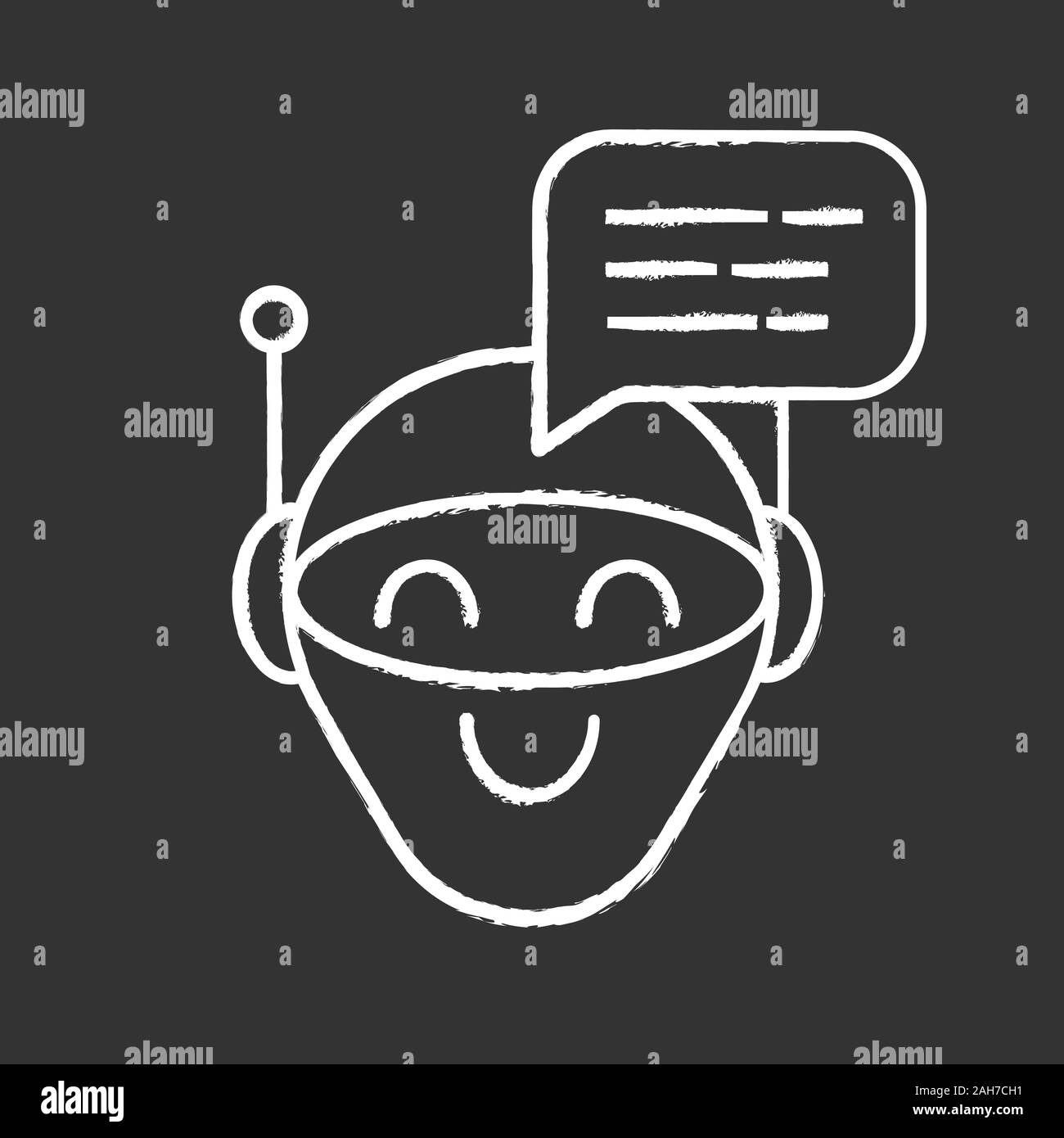 Chatbot message chalk icon. Talkbot. Modern robot. Android laughing chat bot. Virtual assistant. Conversational agent. Isolated vector chalkboard illu Stock Vector