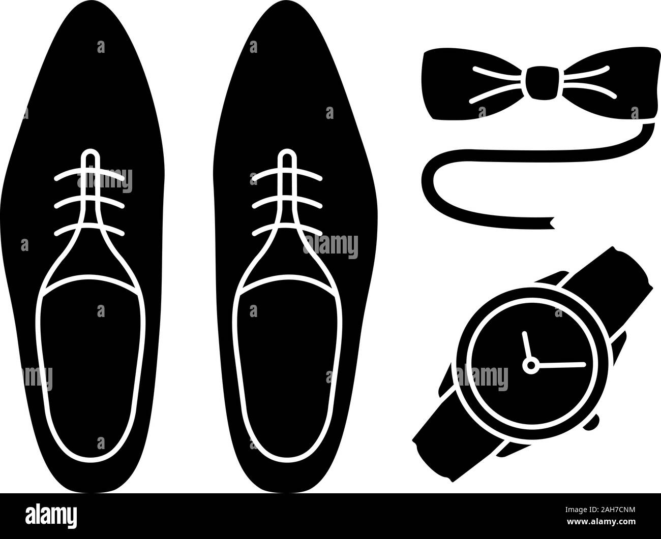 Mens accessories glyph icon. Dress code. Menswear. Men’s style and fashion. Shoes, wristwatch and tuxedo bow tie. Silhouette symbol. Negative space. V Stock Vector