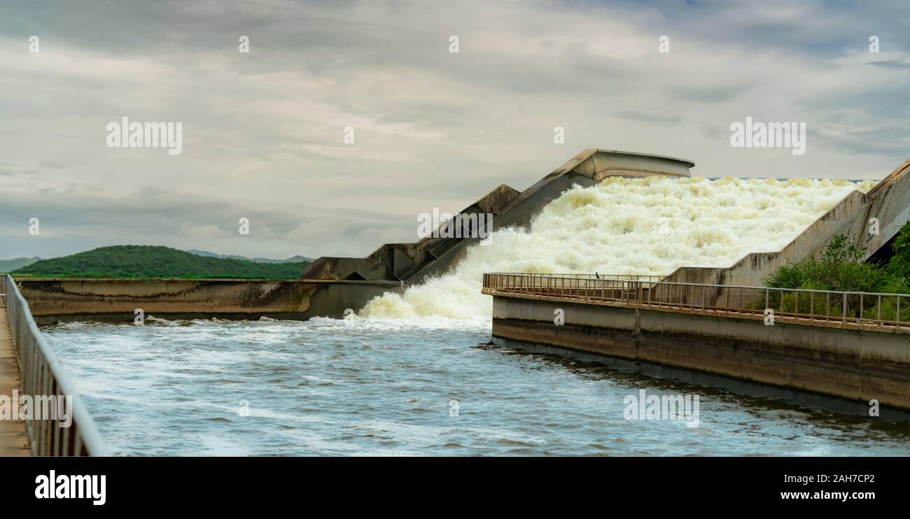 Drainage canal water bridge. Water management. Power of water. Concrete bridge structure. Infrastructure. Manmade aqueduct used to transport water Stock Photo