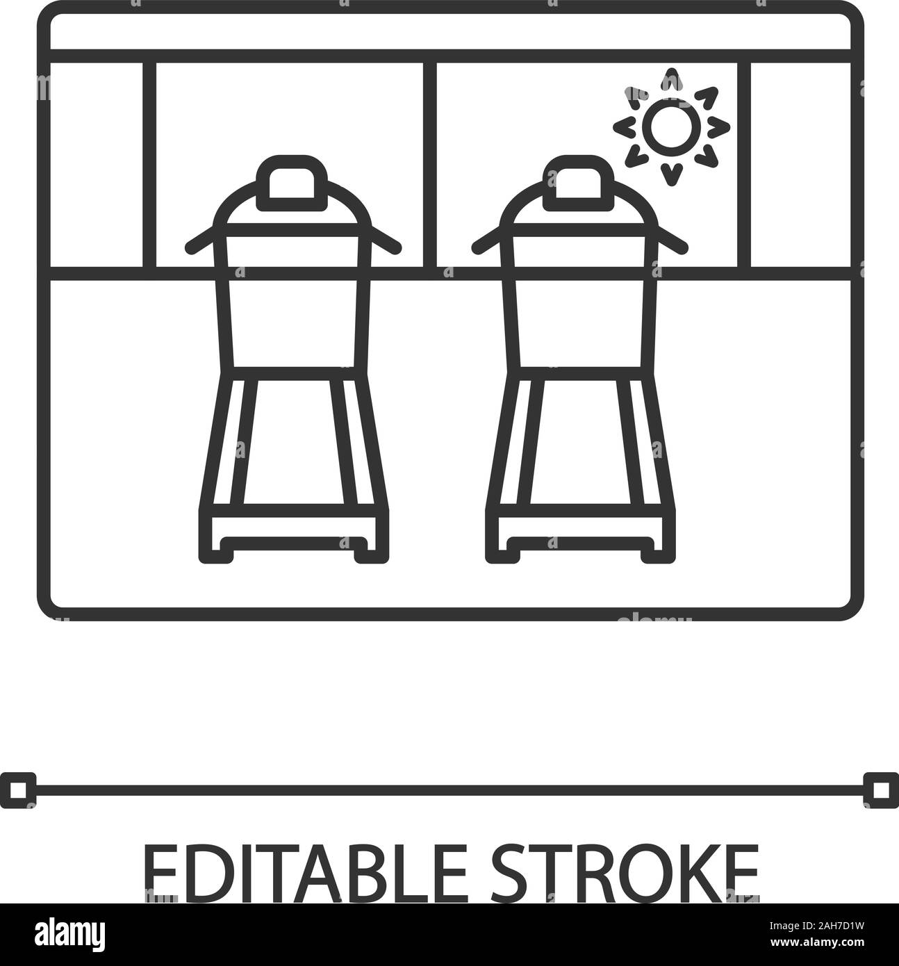 Fitness facilities linear icon. Gym. Thin line illustration. Treadmills. Exercises machines. Contour symbol. Vector isolated outline drawing. Editable Stock Vector