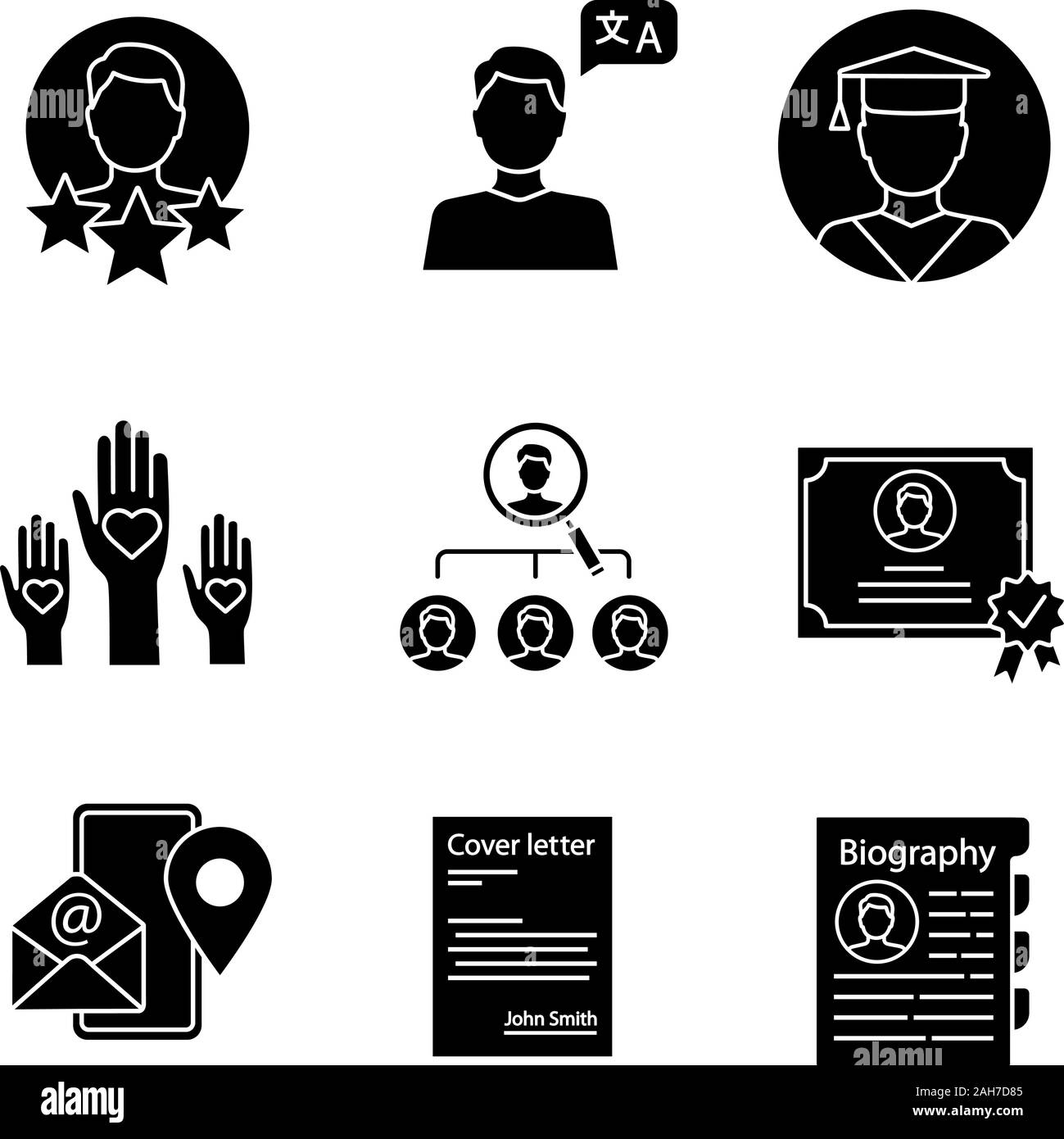 Resume Glyph Icons Set Experience Language Skills Education Volunteering Vacancy Certificate Contact Information Cover Letter Biography Silh Stock Vector Image Art Alamy
