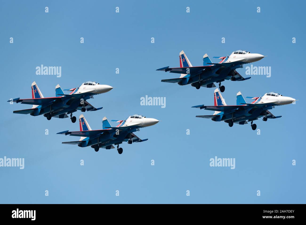 Sukhoi Su-30 jet fighter jets of the Russian Knights aerobatics team performing formation flight during MAKS 2019 airshow, Zhukovsky, Russia. Stock Photo