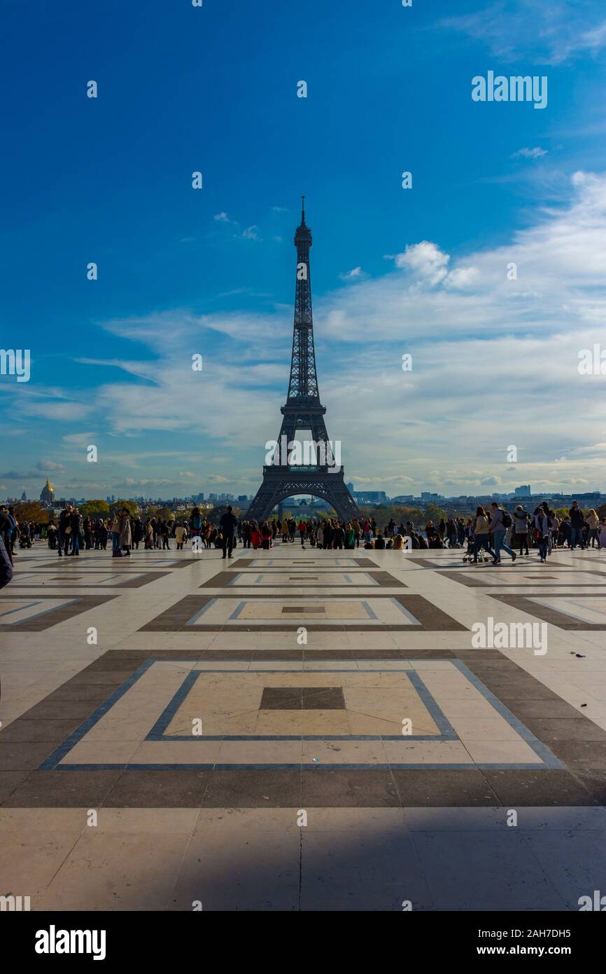 Human Rights Square Paris, France - November 8, 2019: The Eiffel Tower from the esplanade ...