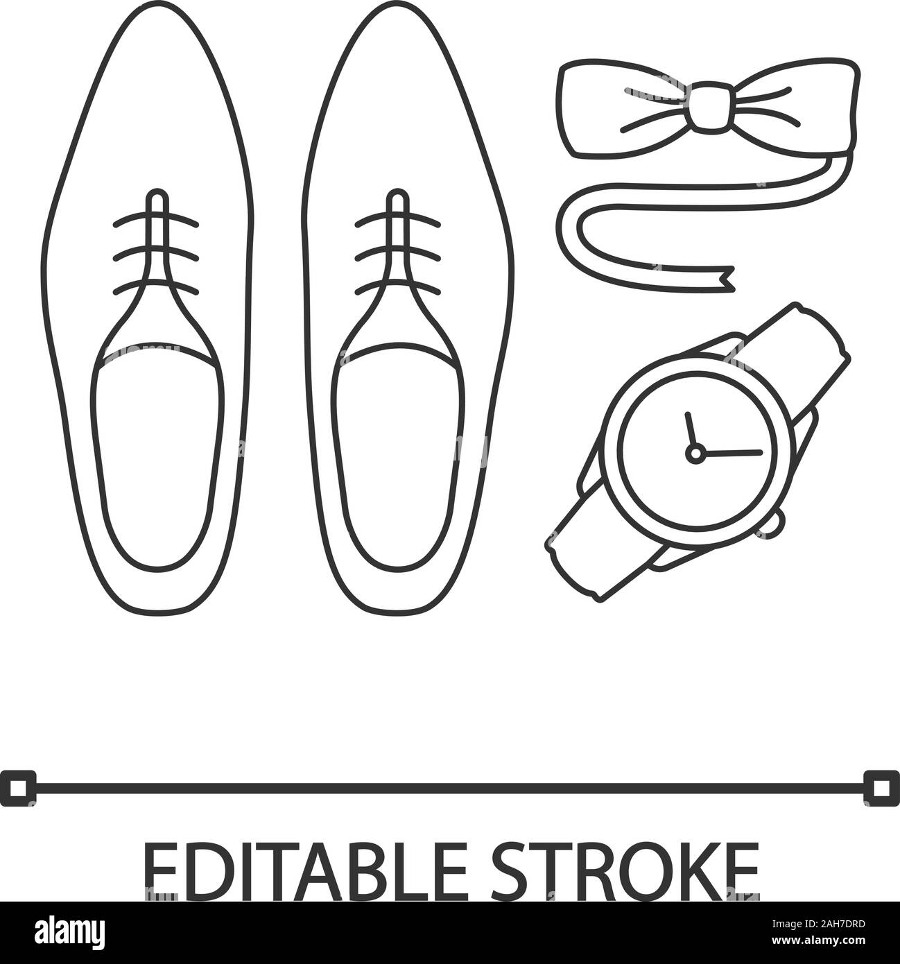 Mens accessories linear icon. Dress code. Thin line illustration. Menswear. Men'€™s style and fashion. Shoes, wristwatch and tuxedo bow tie. Contour v Stock Vector