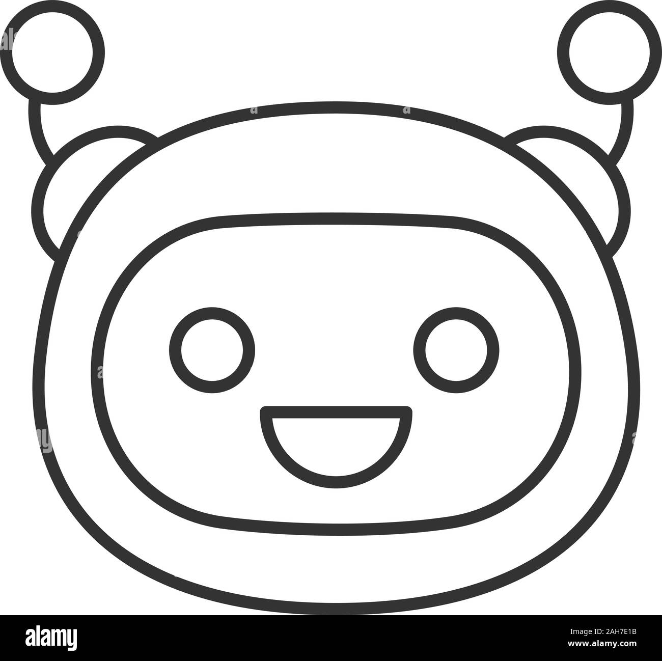 Laughing robot emoji linear icon. Happy chatbot smiley with broad smile