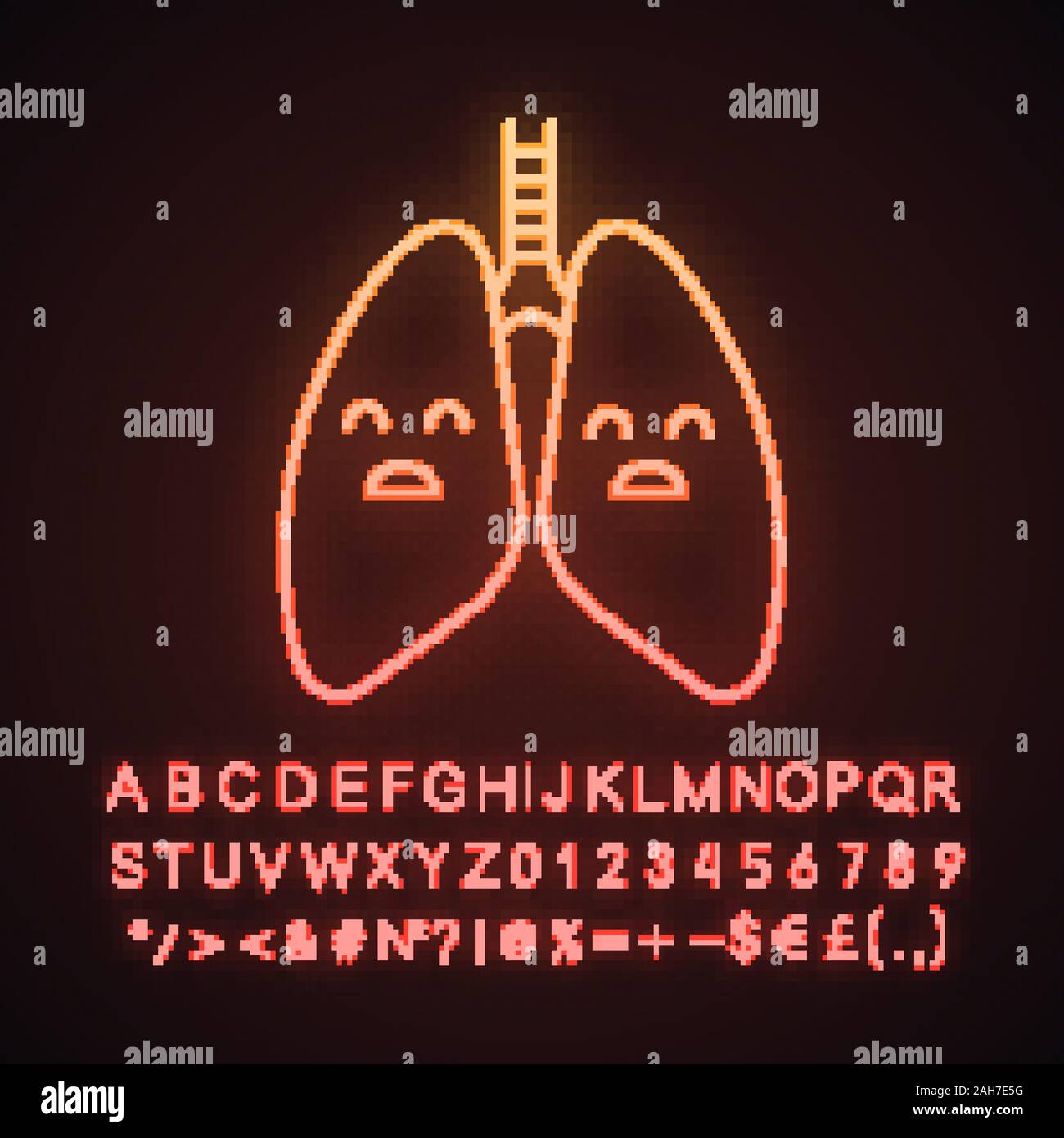 Sad human lungs neon light icon. Respiratory diseases, problems