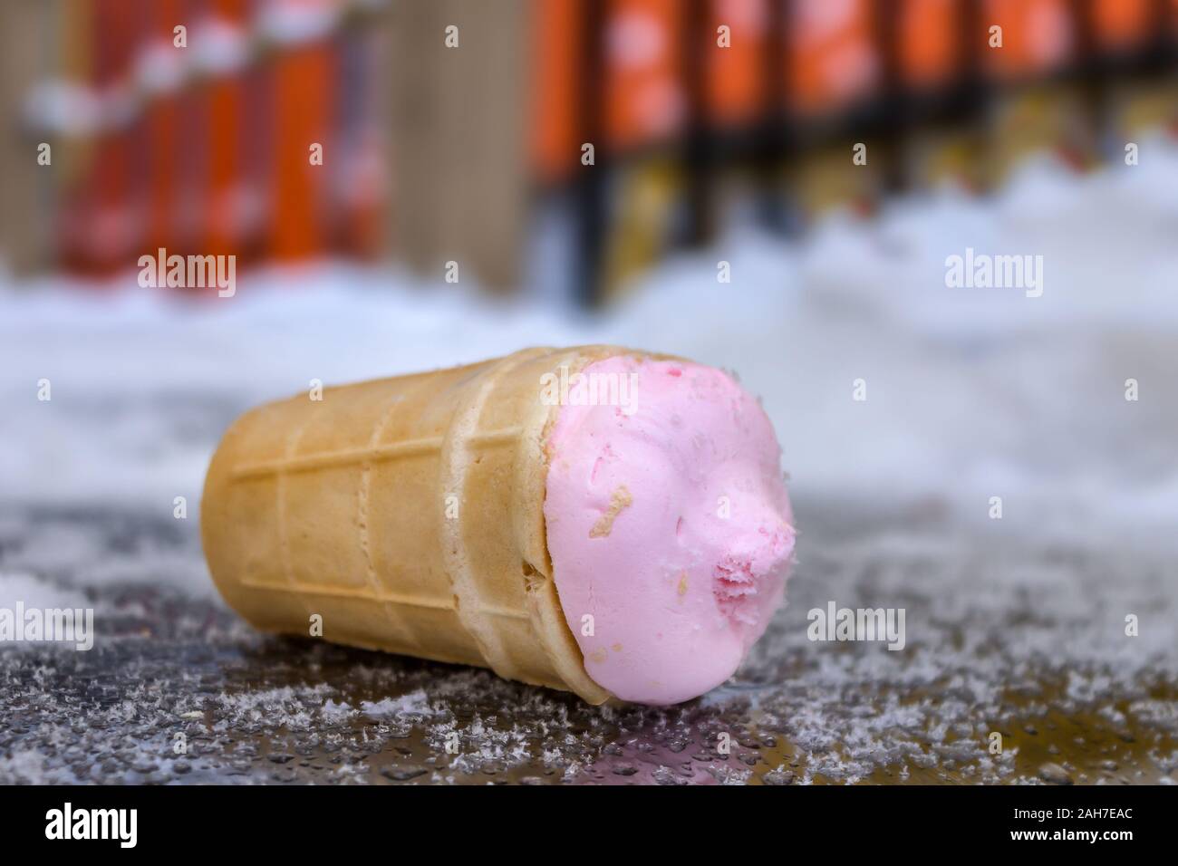Fallen popsicles lie on a cold snowy surface in a park Stock Photo