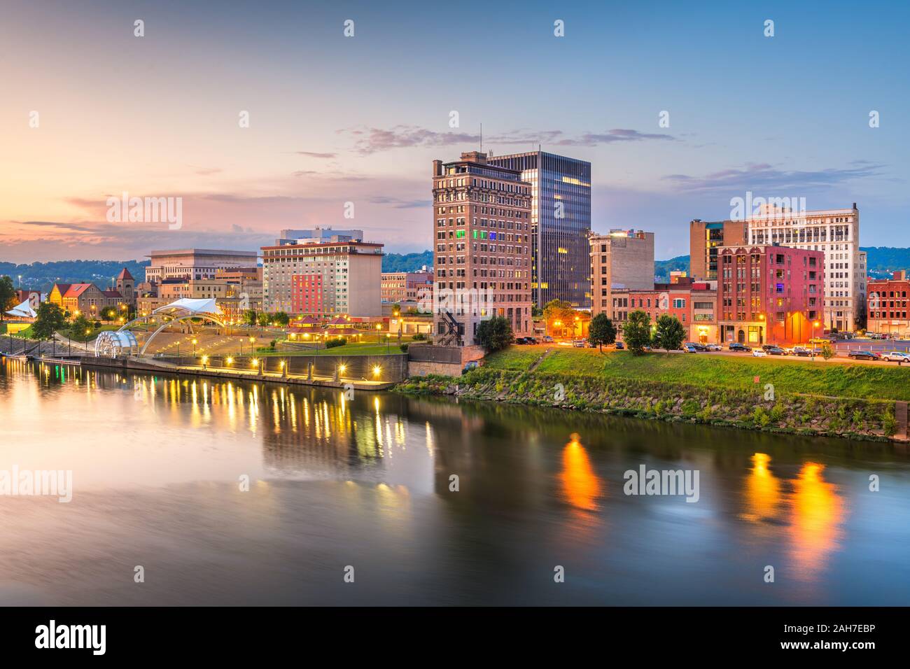 Charleston, West Virginia, USA downtown skyline on the river at dusk. Stock Photo