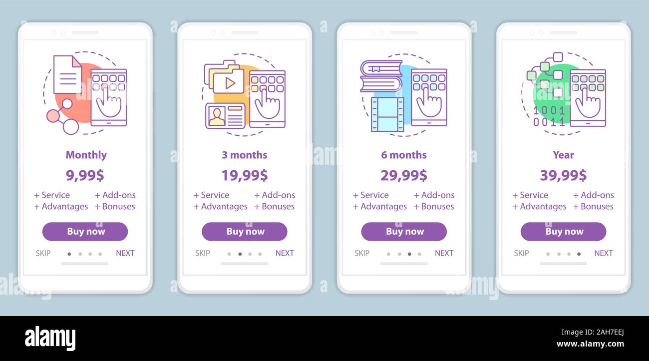 Subscription prices onboarding mobile app screens templates