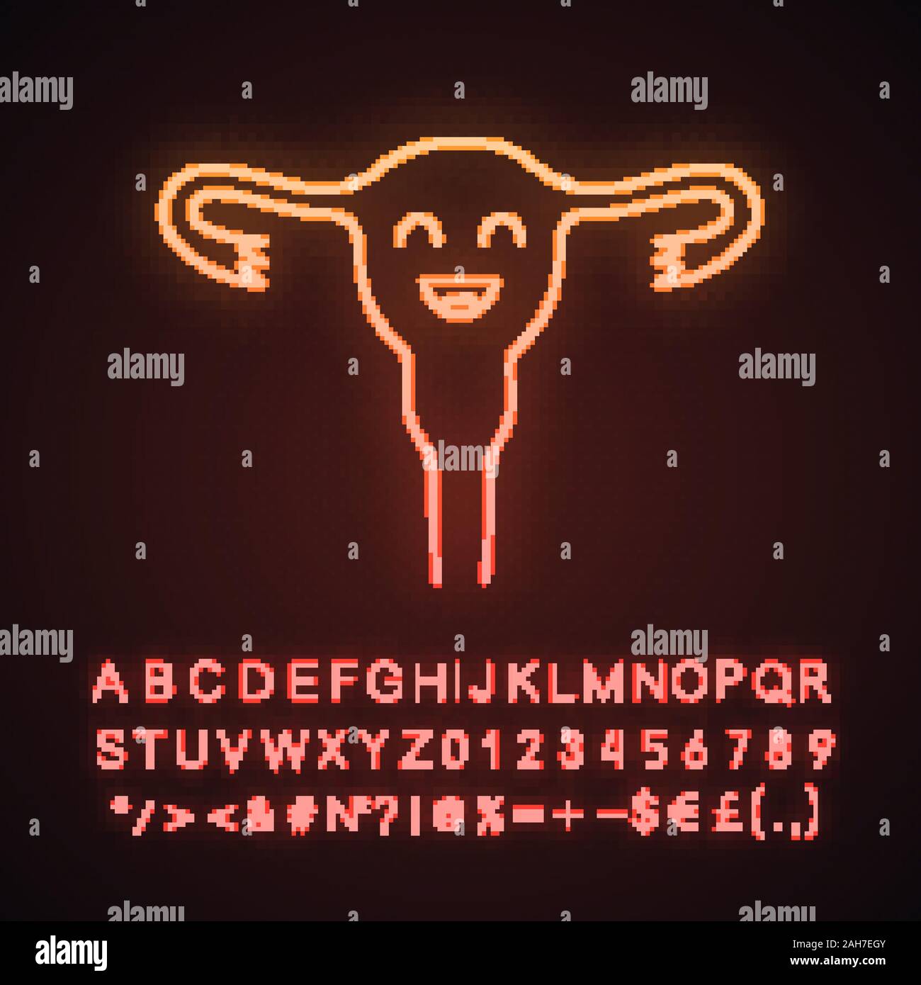 Smiling uterus neon light icon. Women's health. Fertility. Healthy female reproductive system. Glowing sign with alphabet, numbers and symbols. Vector Stock Vector