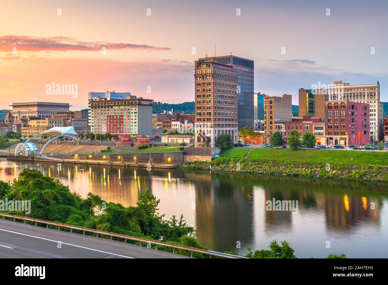 Charleston, West Virginia, USA downtown skyline on the river at dusk. Stock Photo