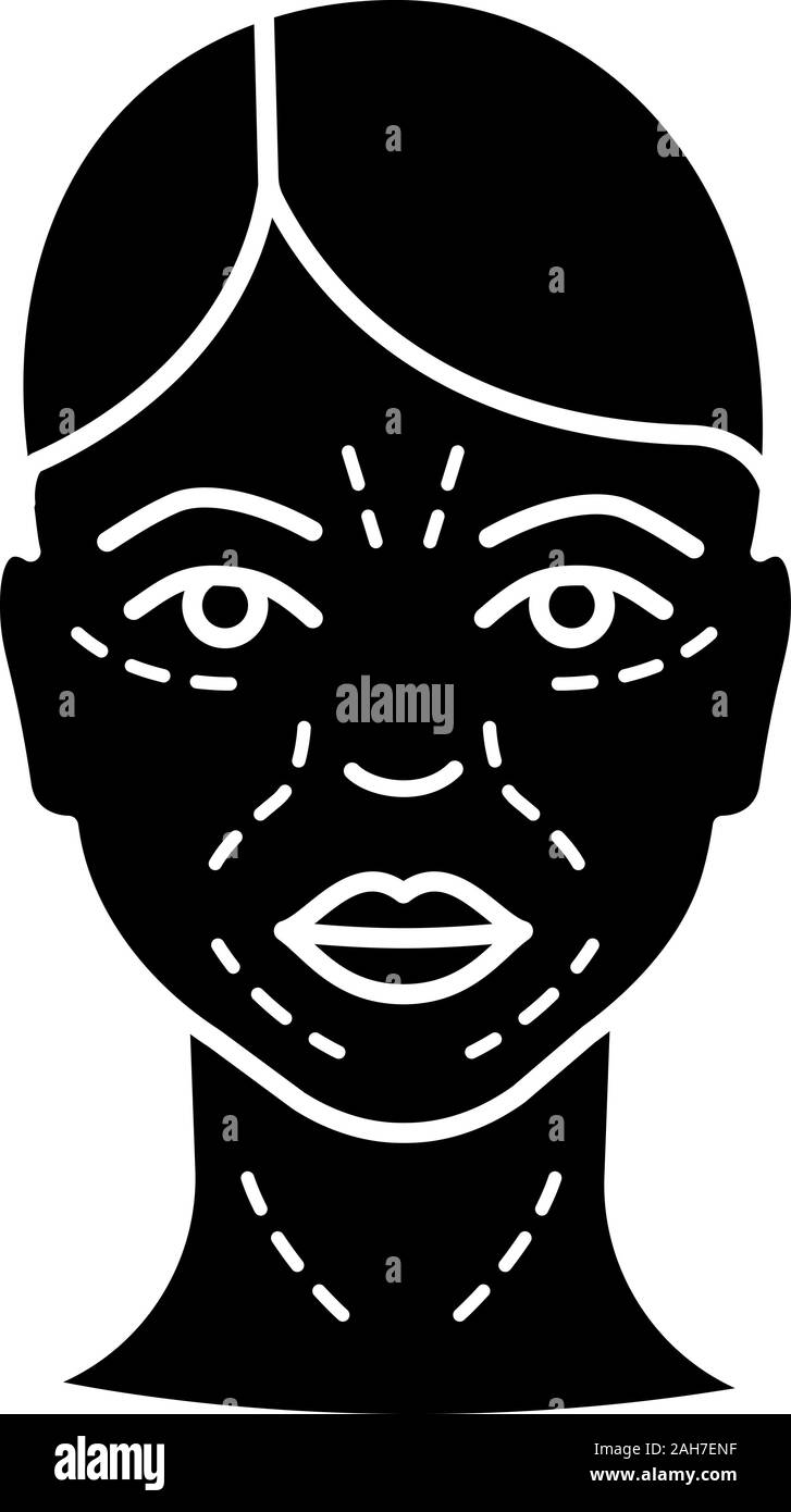 Mimic wrinkles glyph icon. Facial skin after thirty. Face ageing. Facial markup for cosmetic procedure. Silhouette symbol. Negative space. Vector isol Stock Vector