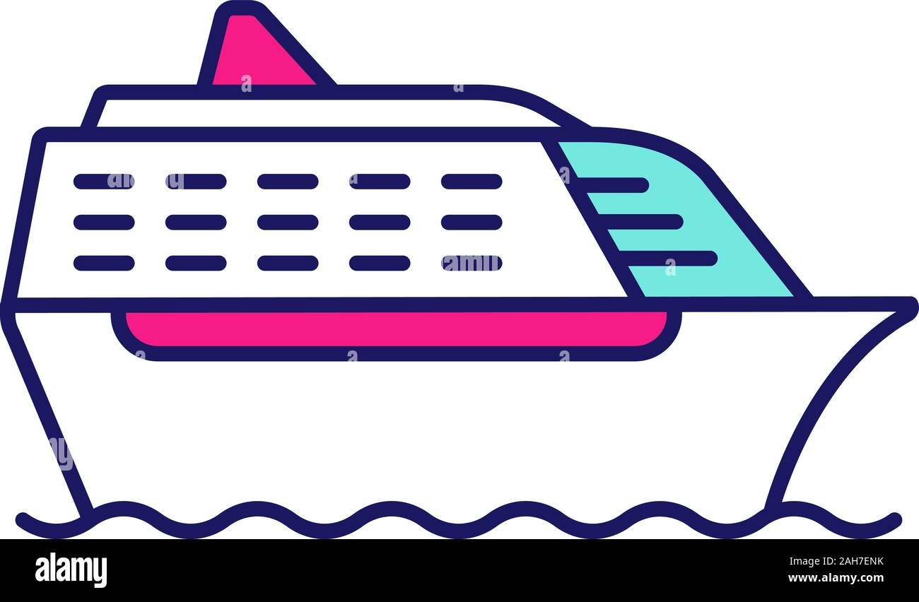 Cruise ship in side view color icon. Ocean liner. Boat, cruiseship, ferry. Water transport. Summer voyage. Isolated vector illustration Stock Vector
