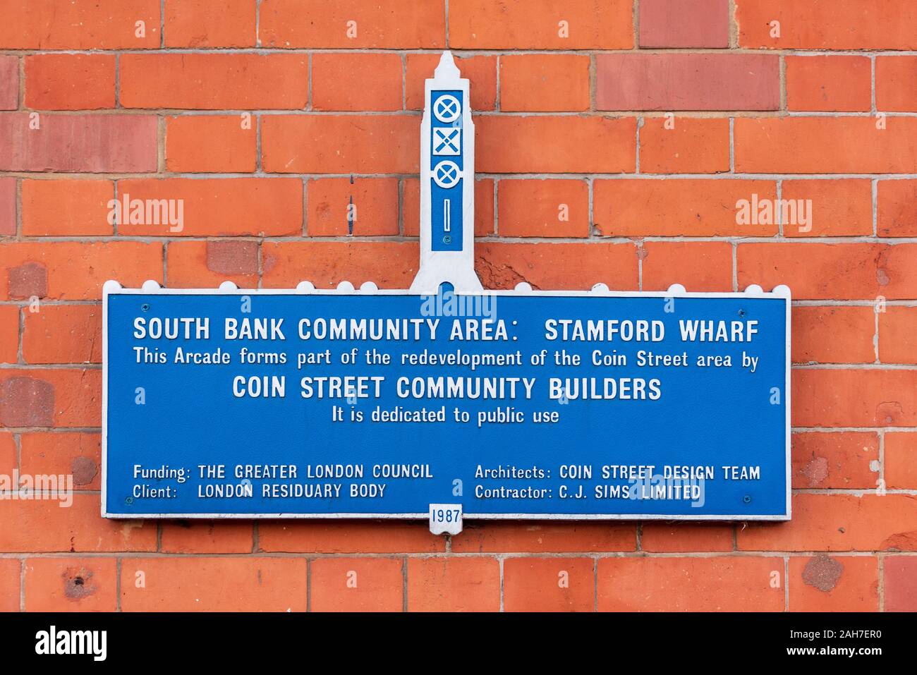 Coin Street Community Builders Sign at Stanford Wharf near the OXO tower on London's Southbank. South Bank Community Area Stock Photo