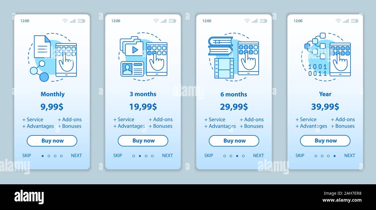 Subscription prices onboarding mobile app screens templates