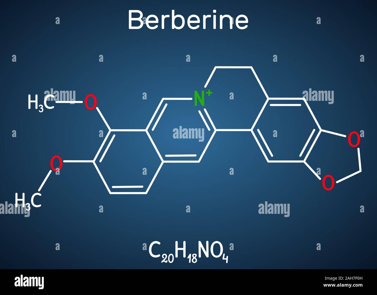 Berberine C20H18NO4, herbal alkaloid molecule. Structural chemical formula on the dark blue background. Vector illustration Stock Vector