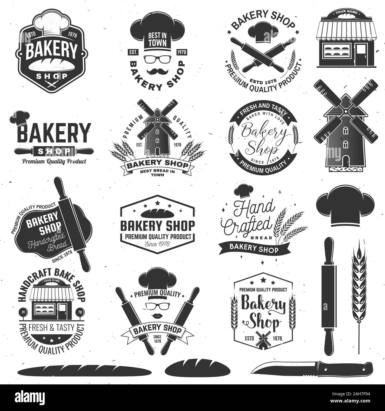 Set of Bakery shop badge. Vector. Concept for badge, shirt, label, print, stamp, tee. Design with windmill, rolling pin, dough, wheat ears silhouette. For restaurant identity objects, packaging menu Stock Vector