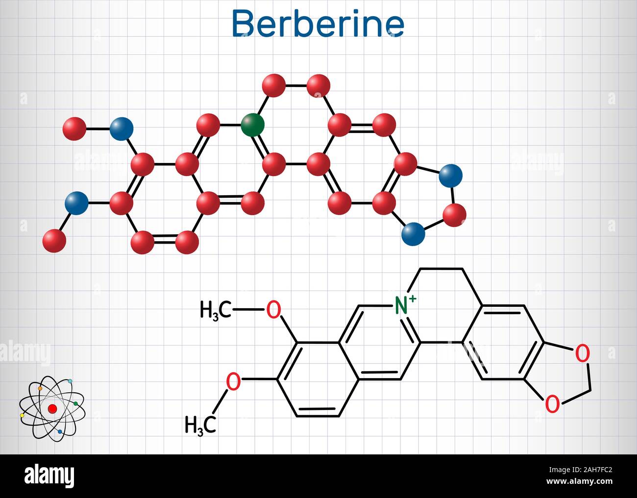 Berberine C20H18NO4, herbal alkaloid molecule. Structural chemical formula and molecule model. Sheet of paper in a cage. Vector illustration Stock Vector