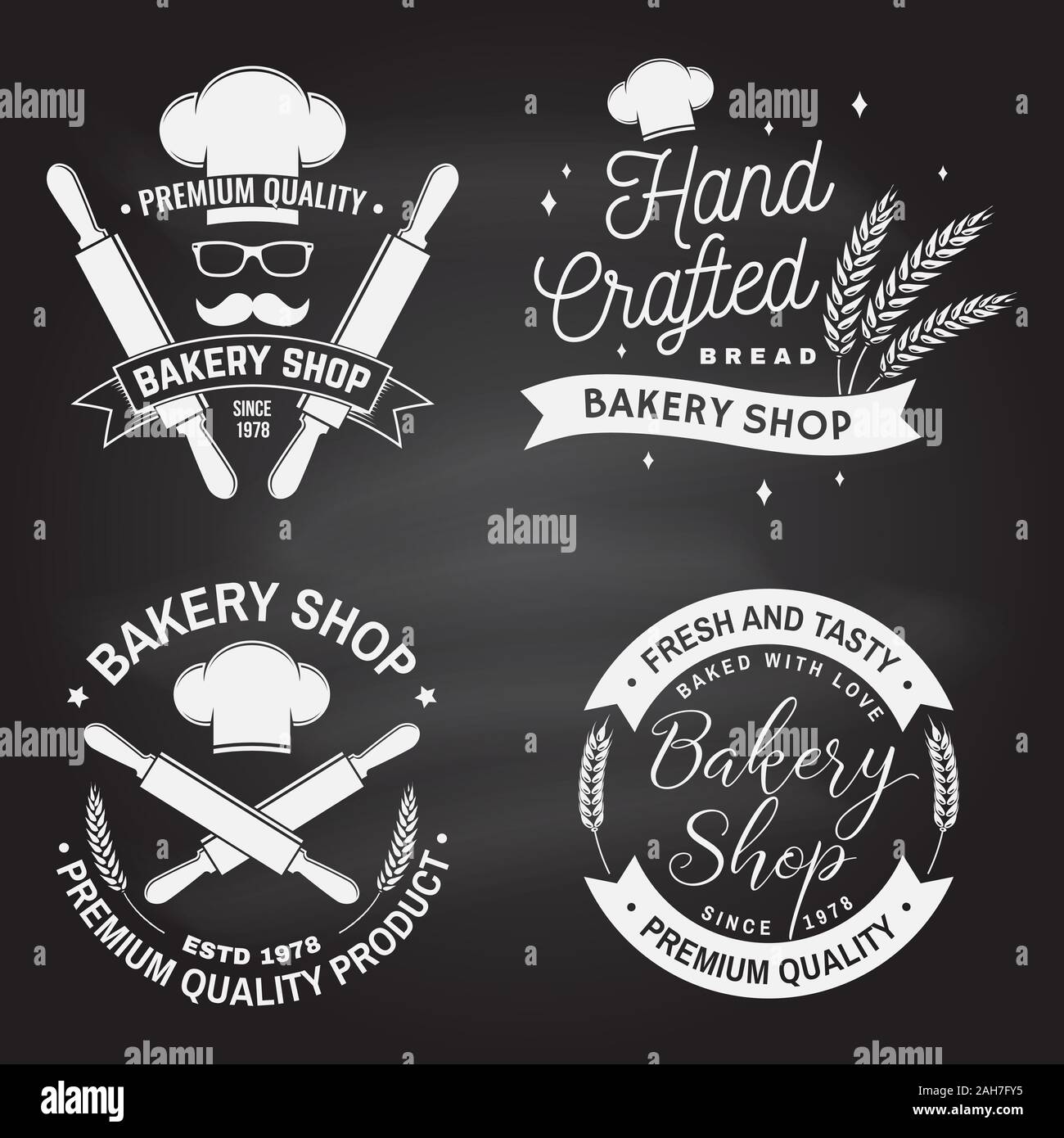 Set of Bakery shop badge on the chalkboard. Vector. Concept for badge, shirt, label, stamp. Design with rolling pin, chef hat, wheat ears silhouette. For restaurant identity, packaging menu Stock Vector