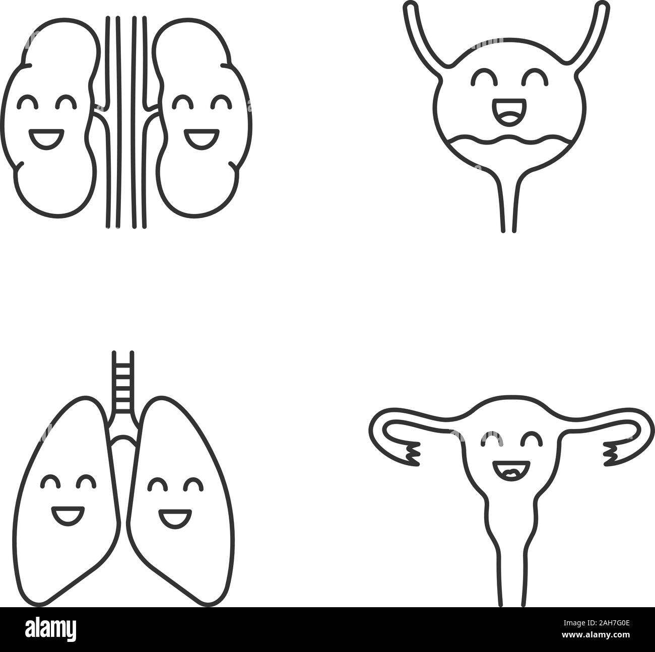 Smiling human internal organs linear icons set. Thin line contour ...