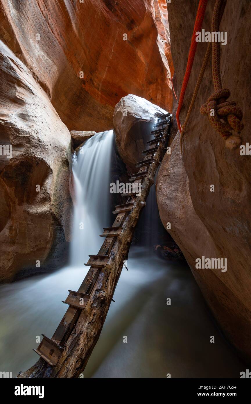 First waterfall and ladder in Kanarra Canyon, Utah Stock Photo