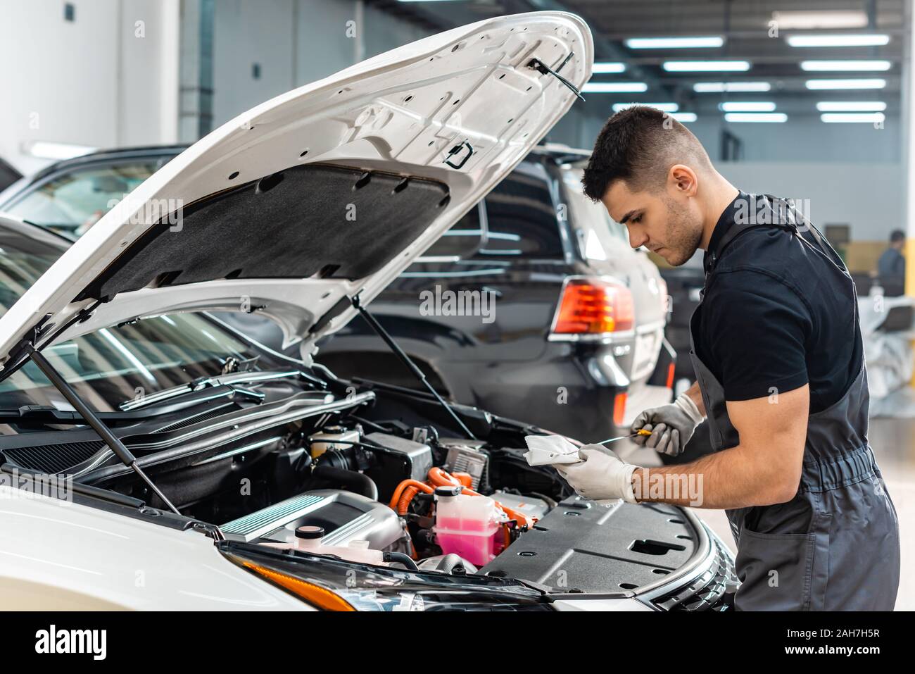 young mechanic wiping oil dipstick with rag near car engine compartment ...