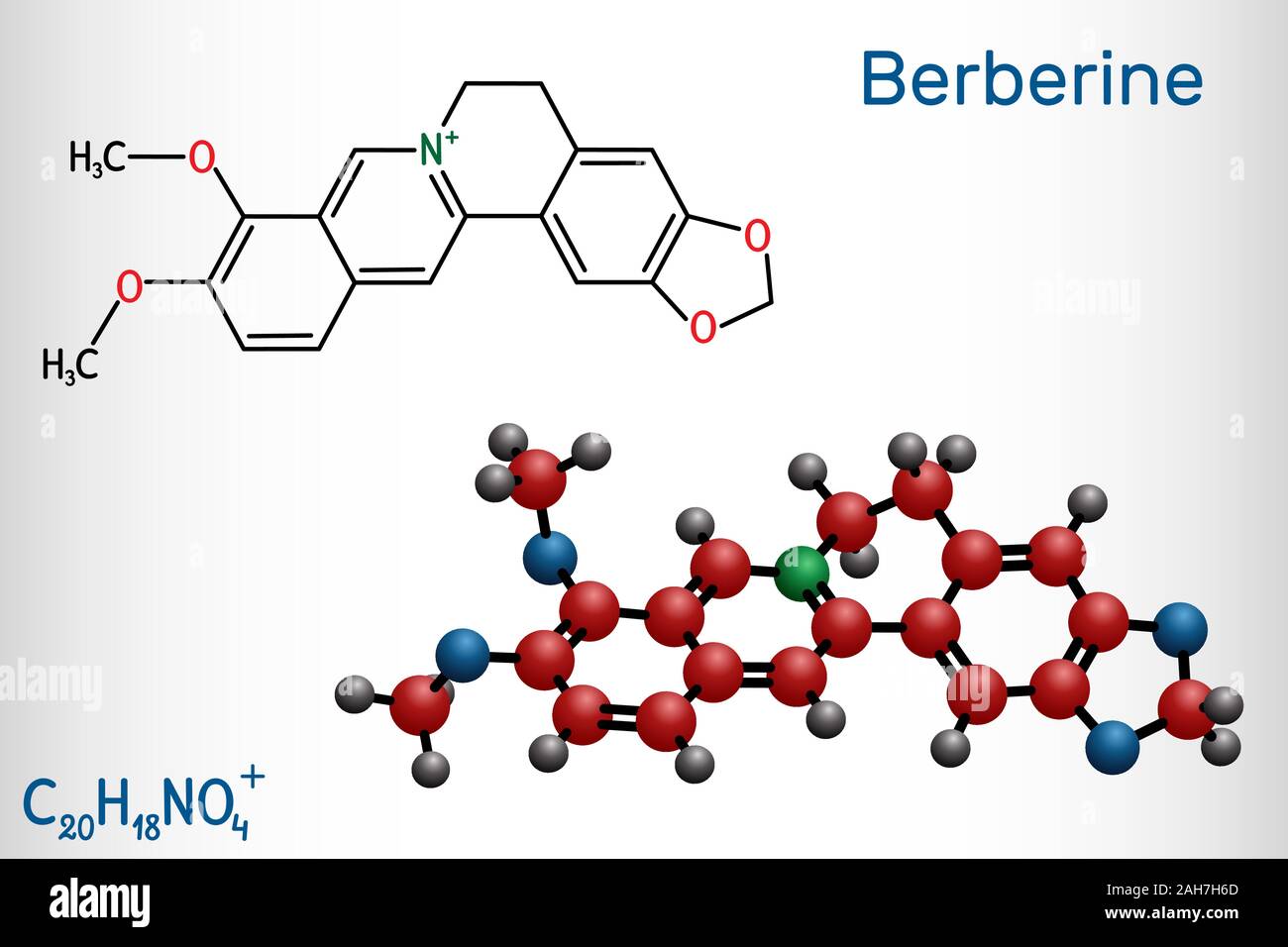 Berberine C20H18NO4, herbal alkaloid molecule. Structural chemical formula and molecule model. Vector illustration Stock Vector