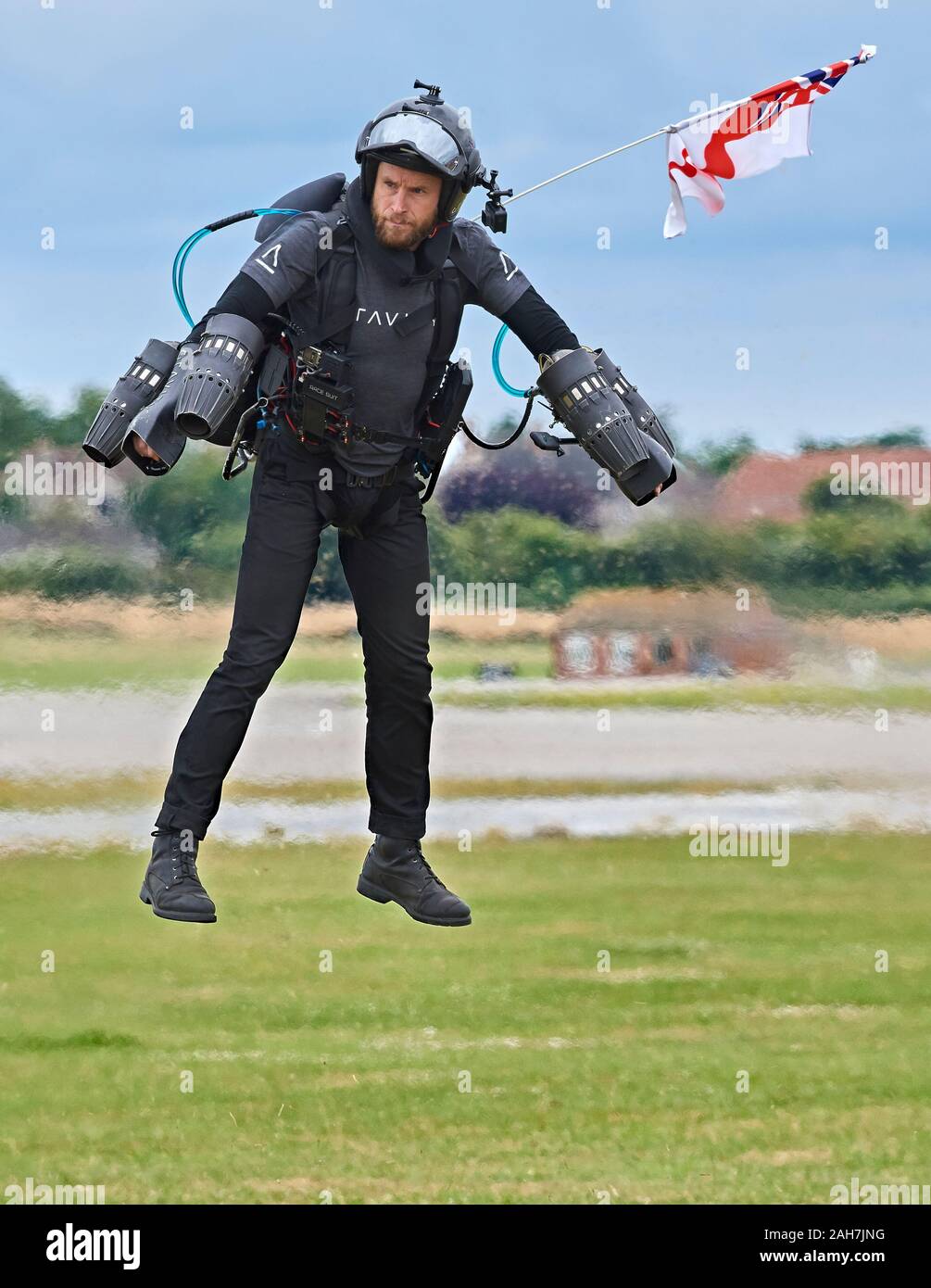 Richard Browning (Jet Man) demonstrates the Daedalus Flight Pack developed by Gravity Industries Stock Photo