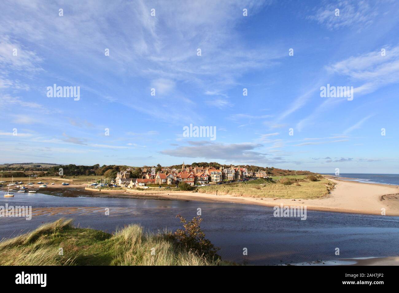 Alnmouth, Northumberland taken from Church Hill where historians think that in 684, St Cuthbert was elected Bishop of Lindisfarne Stock Photo