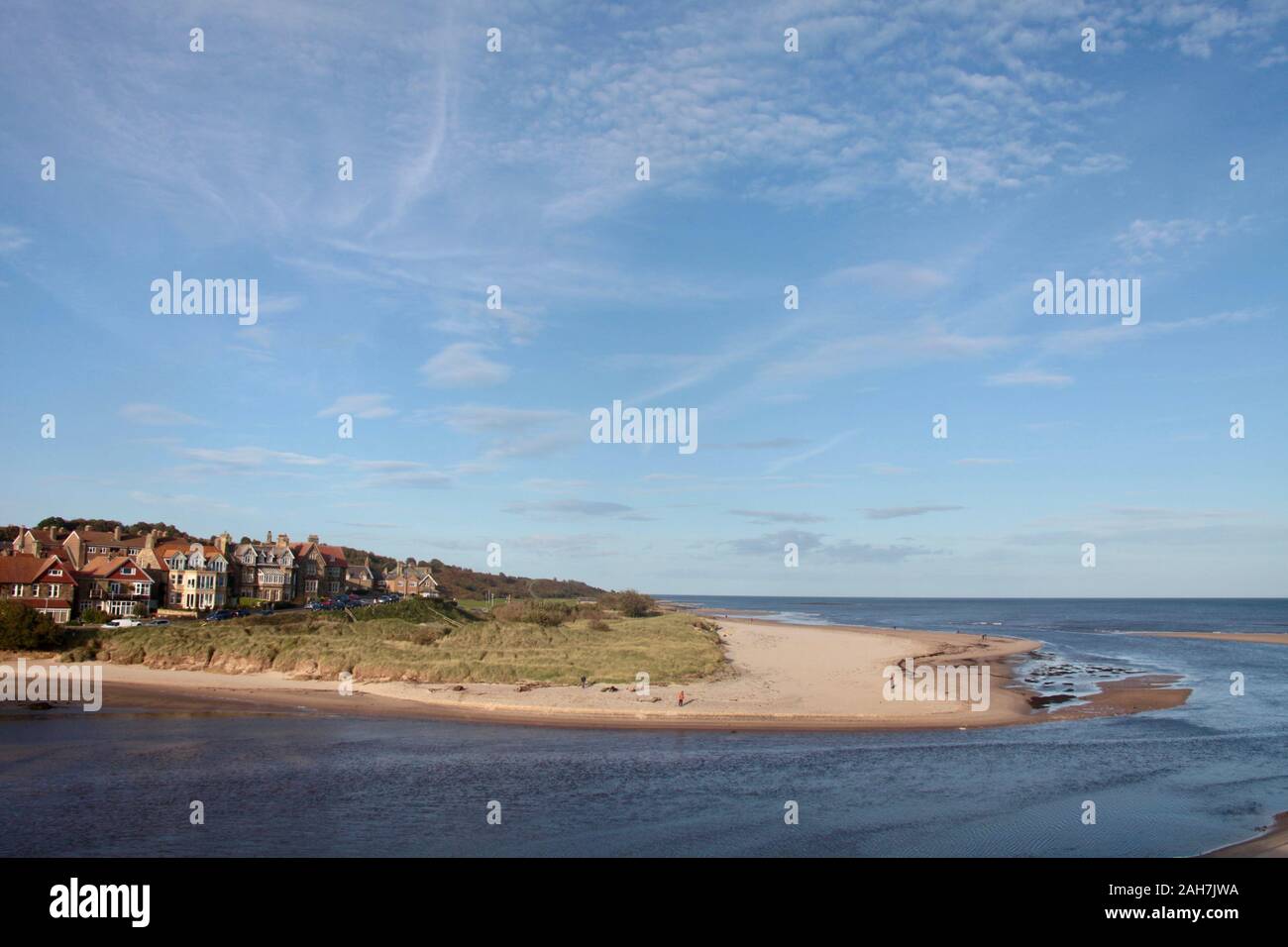 Alnmouth, Northumberland taken from Church Hill where historians think that in 684, St Cuthbert was elected Bishop of Lindisfarne Stock Photo