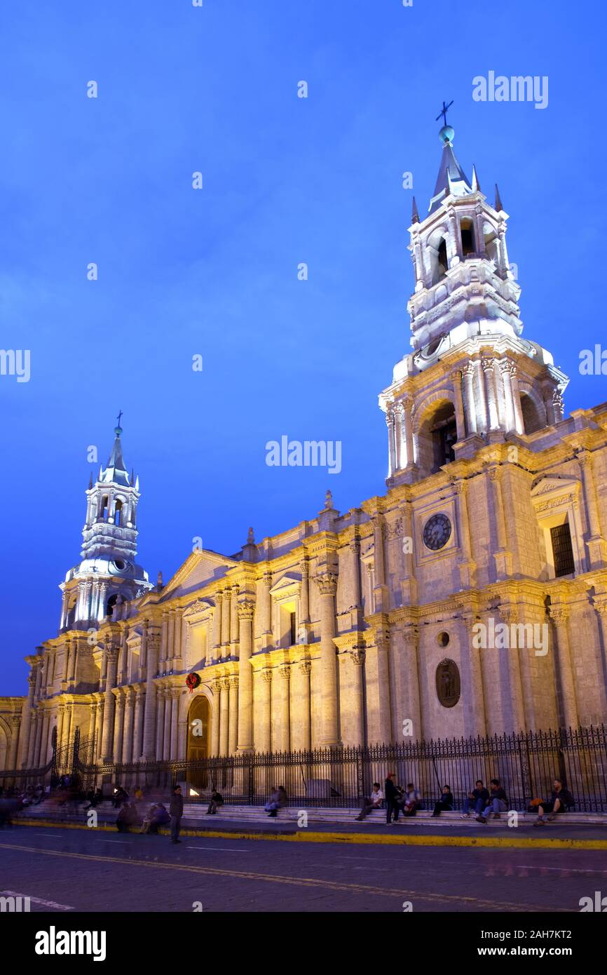 Arequipa, Peru - View of the Cathedral at main square, Plaza de Armas Stock Photo