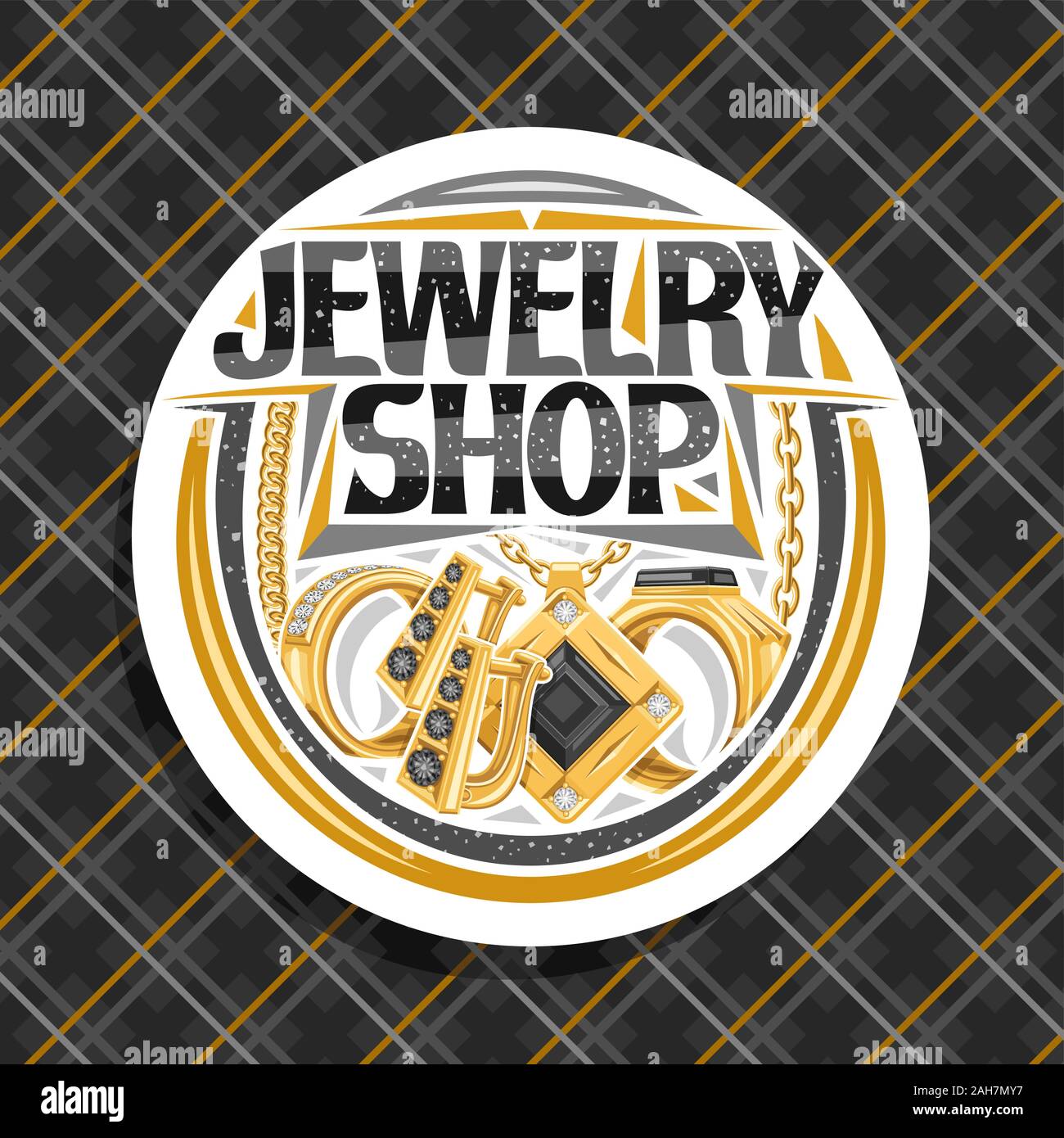 Vector logo for Jewelry Shop, white sign board with illustration of group golden rings, earrings with english lock and gold pendant with black preciou Stock Vector
