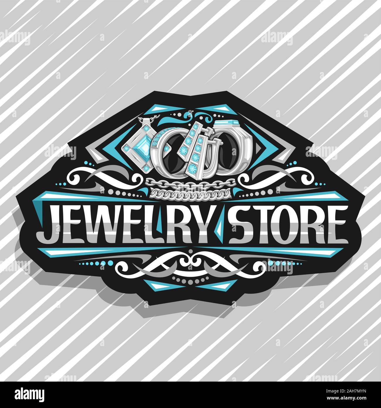 Vector logo for Jewelry Store, dark decorative sign board with group of platinum rings, earrings with english lock and pendant with blue precious ston Stock Vector