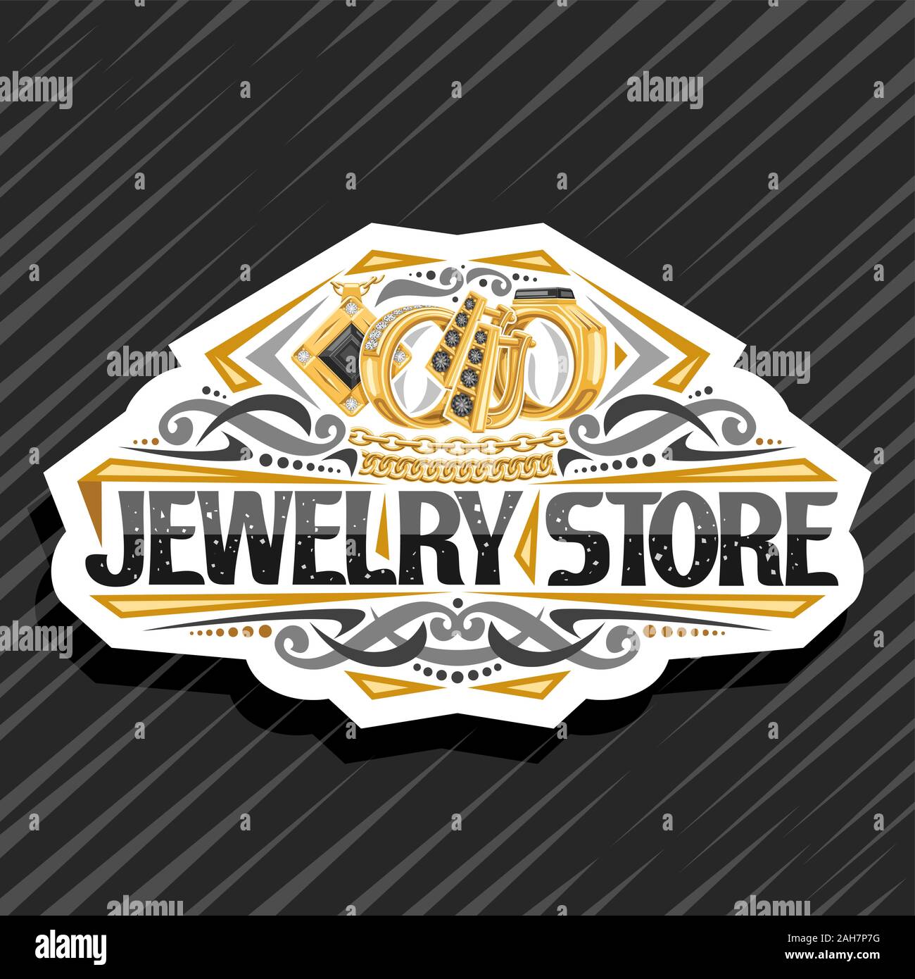Vector logo for Jewelry Store, cut paper sign board with illustration of group golden rings, earrings with english lock and pendant with black preciou Stock Vector