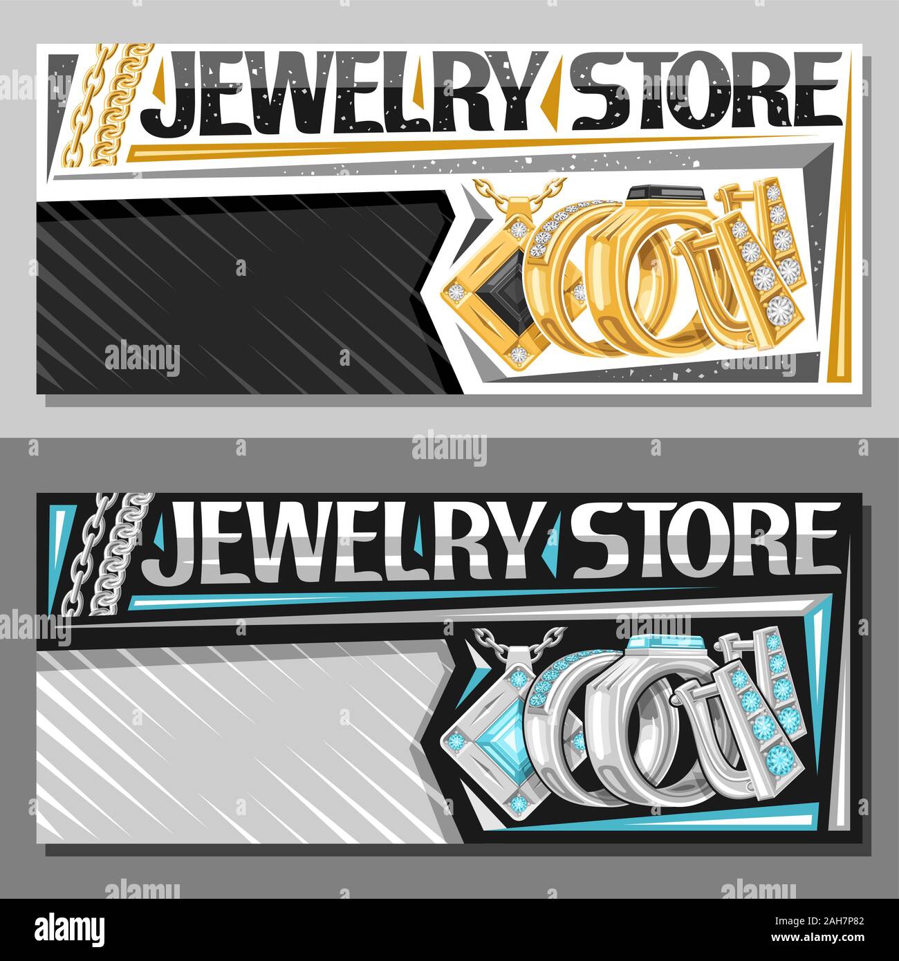 Vector layouts for Jewelry Store with copy space, sign board with set of golden rings, earrings with english lock, elegance platinum pendant with gems Stock Vector