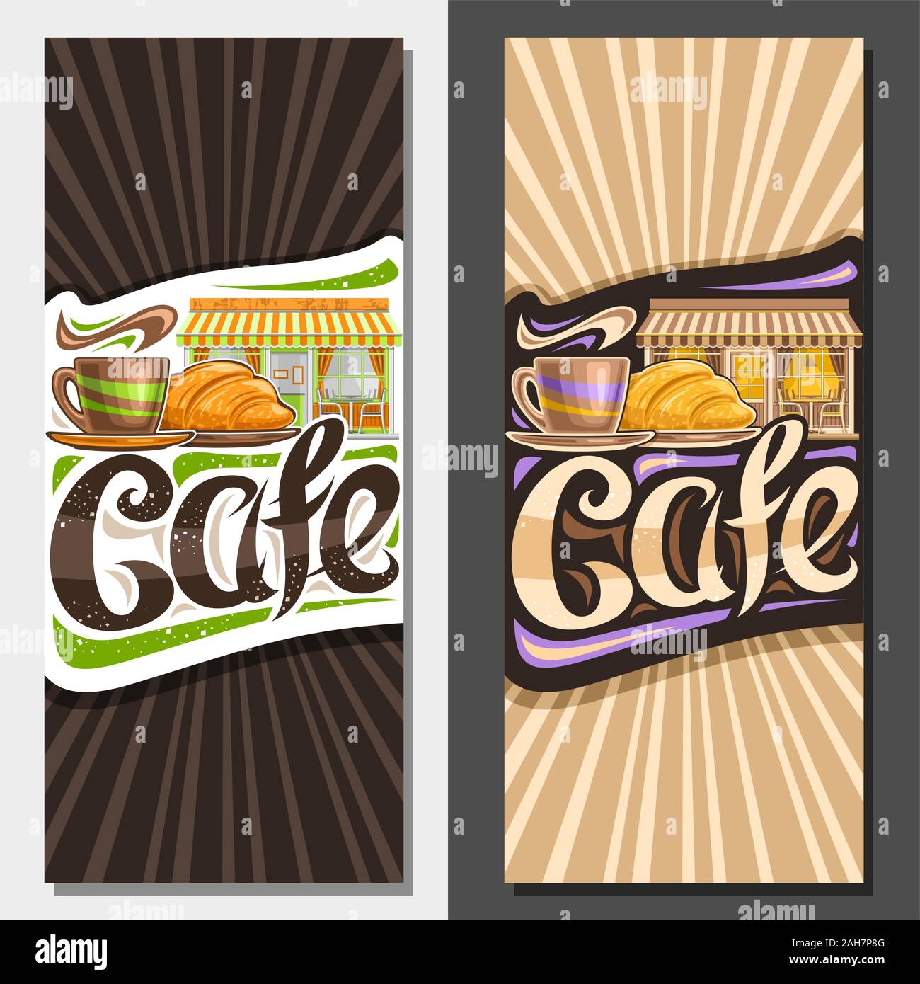 Vector layouts for Street Cafe, decorative voucher for promotion with illustration of coffee cup and croissant, original lettering for word cafe, sign Stock Vector