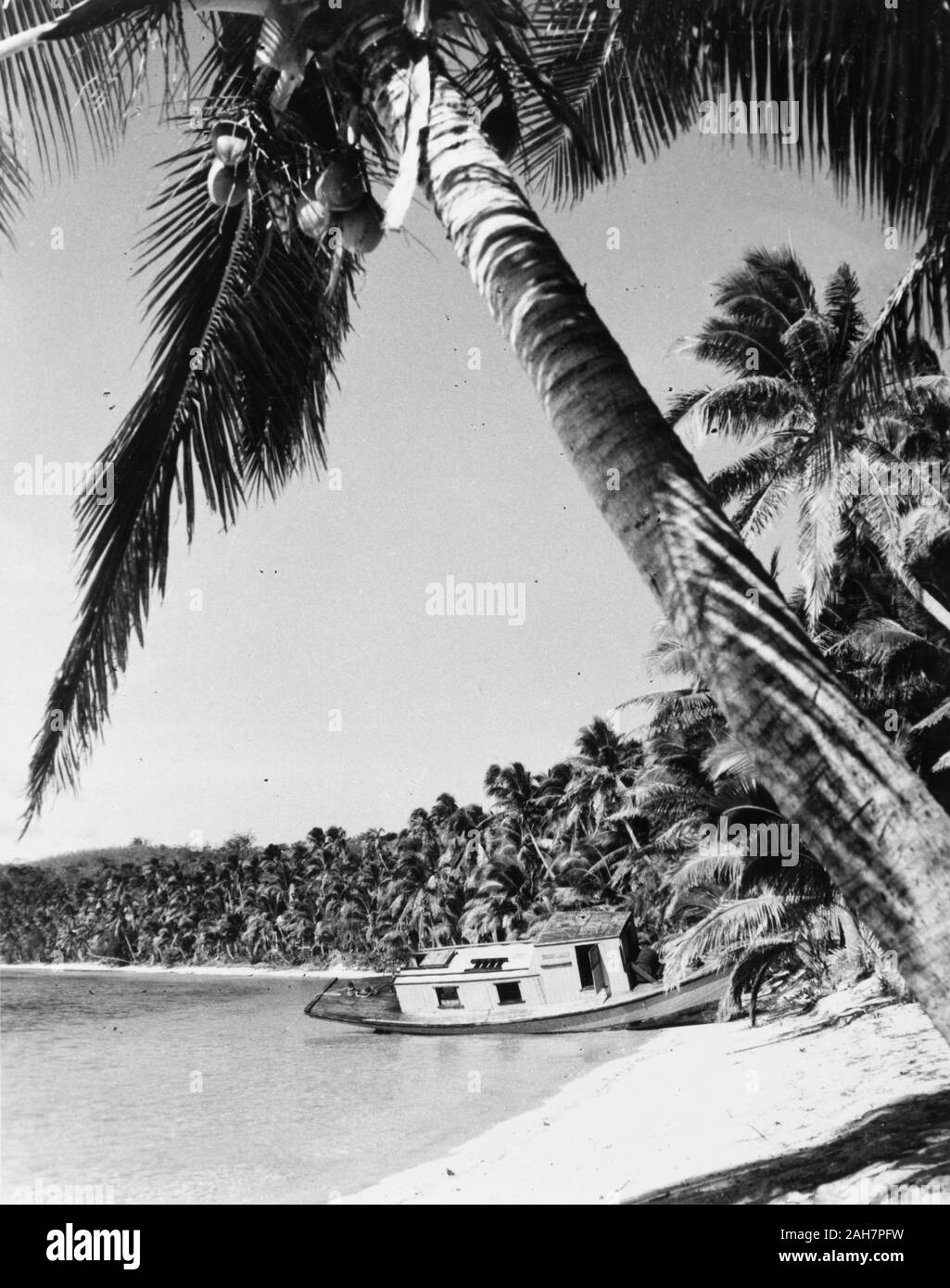 Fiji, A beached boat, FijiA small motor boat lies stricken on a sandy beach, after having its “bottom ripped out on a hidden reef'. Caption reads: This boat is unlikely to sail again, for she has just had her bottom ripped out on a hidden reef, 1965. 2005/010/1/14/30. Stock Photo