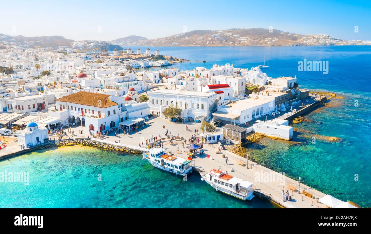 Panoramic view of Mykonos town, Cyclades islands, Greece Stock Photo
